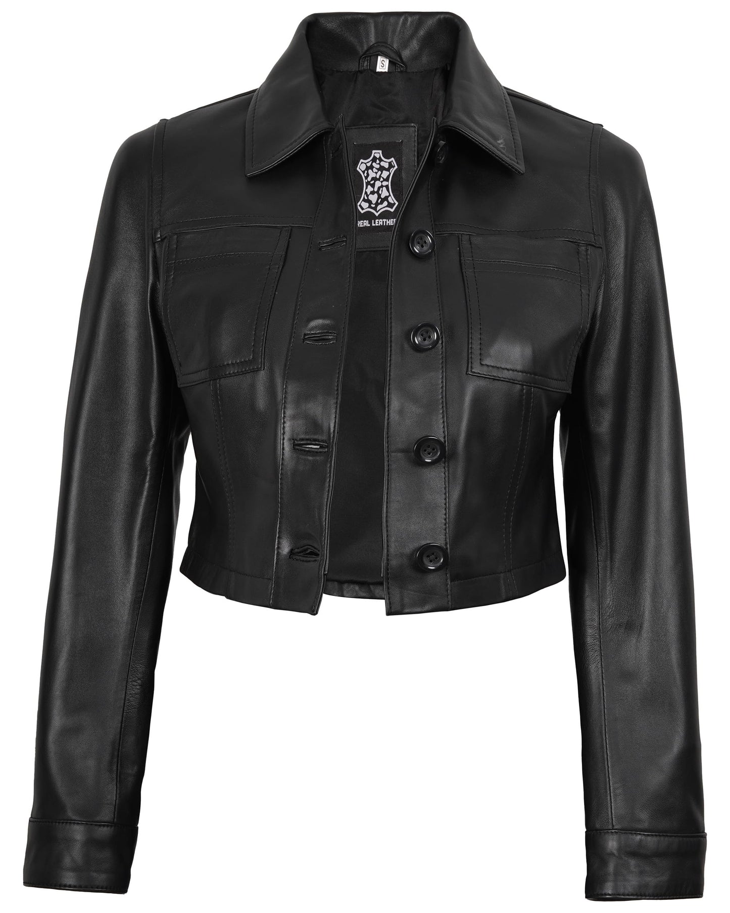 fjackets Leather Jacket Cropped Women - Real Lambskin Women Leather Jacket|Mable Cropped Black, [1329304] L