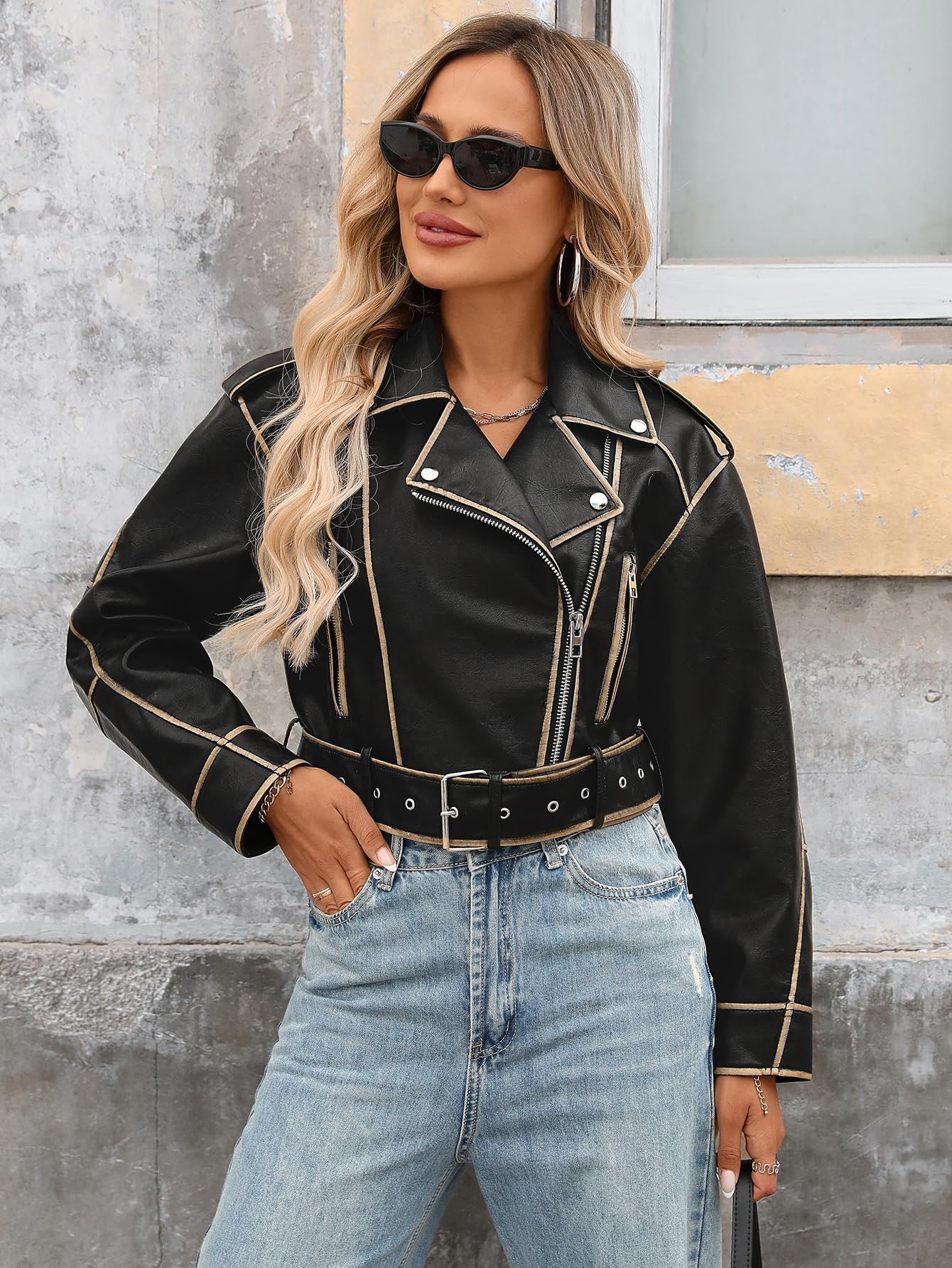 LY VAREY LIN Women Faux Leather Cropped Jacket Lapel Zipper Biker Short Coat with Belt