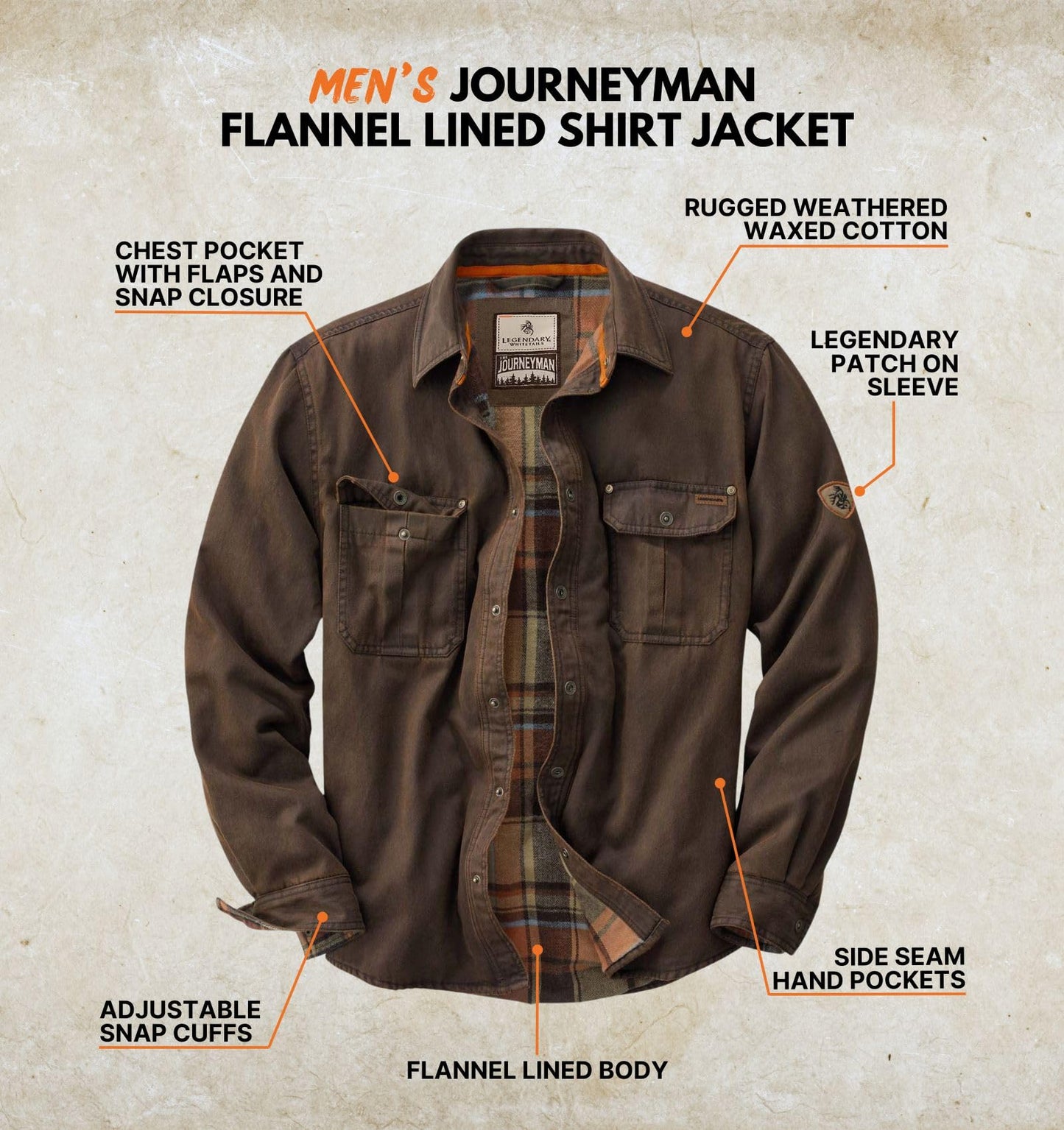 Legendary Whitetails Mens Flannel Lined Waxed Cotton Shirt Jacket, Tobacco, X-Large