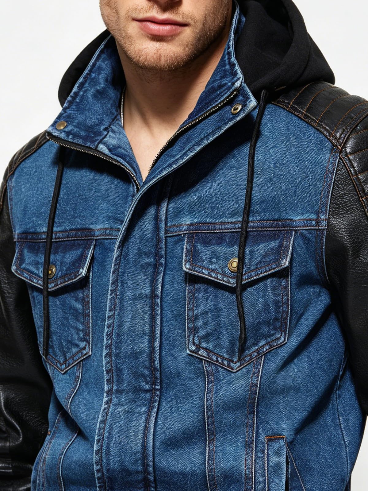 INVACHI Men’s Hooded Denim Trucker Jacket with Faux Leather Patchwork Vintage Casual Jean Wash Biker Coat