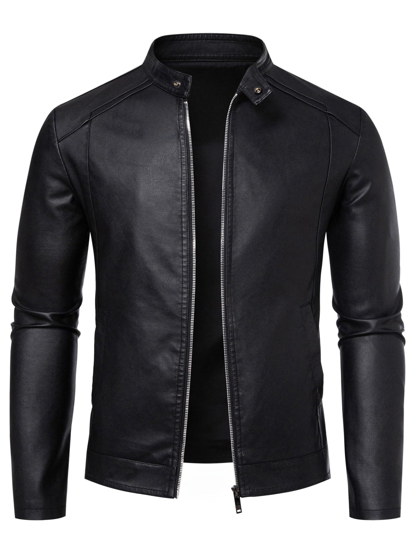 Zbrandy Mens Leather Jacket Faux Leather Motorcycle Jackets Stand Collar Biker Coat Outwear Black L