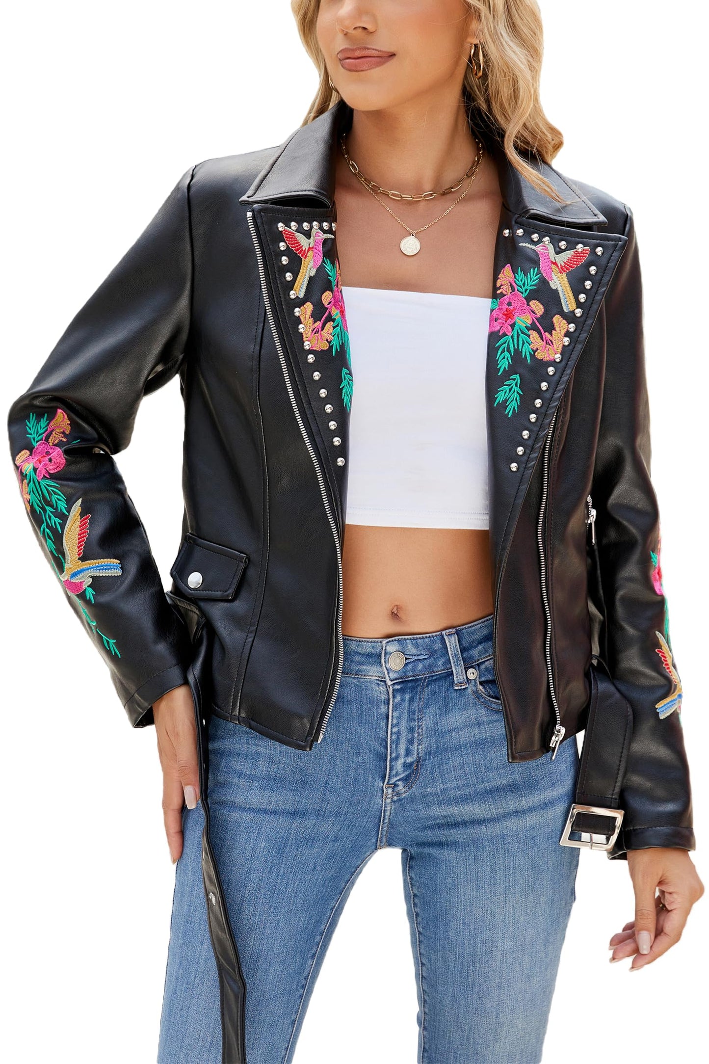 Bellivera Women's Faux Leather Jacket Floral Lightweight Moto Coat Black-a XXL