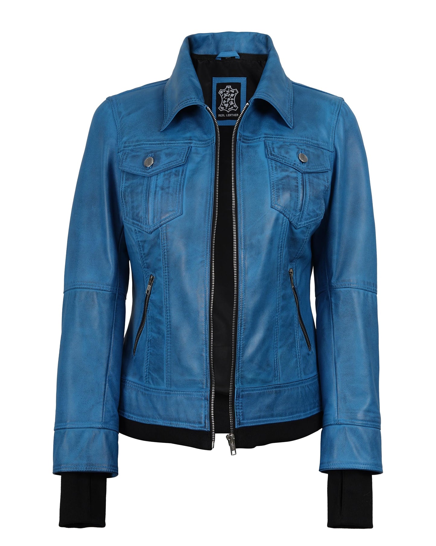 Blingsoul Womens Real Leather Jacket With Hood | [1332243] Betty Vivid Blue, M