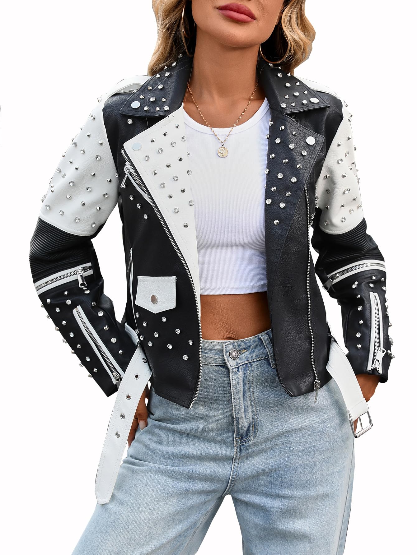 LY VAREY LIN Studded Faux Leather Moto Jacket Women Black PU Biker Coat with Rivets Punk Style