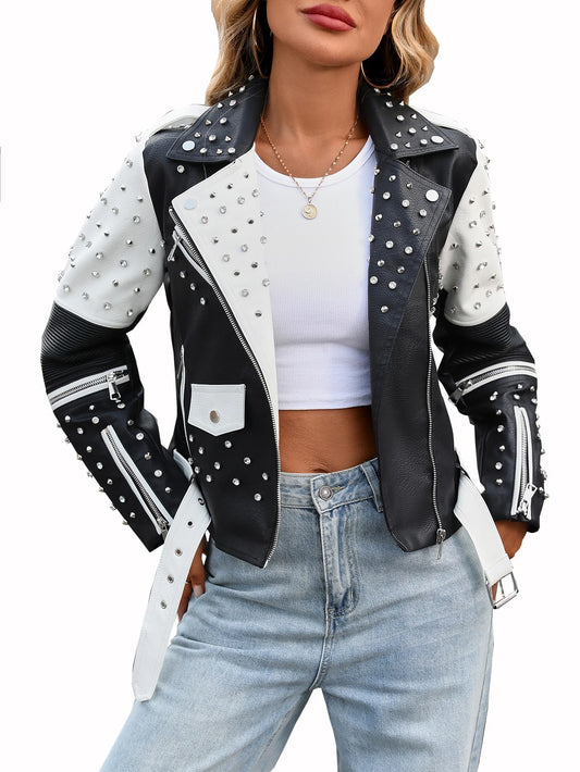 LY VAREY LIN Studded Faux Leather Moto Jacket Women Black PU Biker Coat with Rivets Punk Style