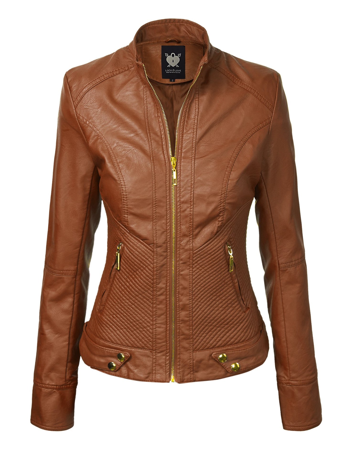 LL WJC747 Womens Dressy Vegan Leather Biker Jacket M CAMEL