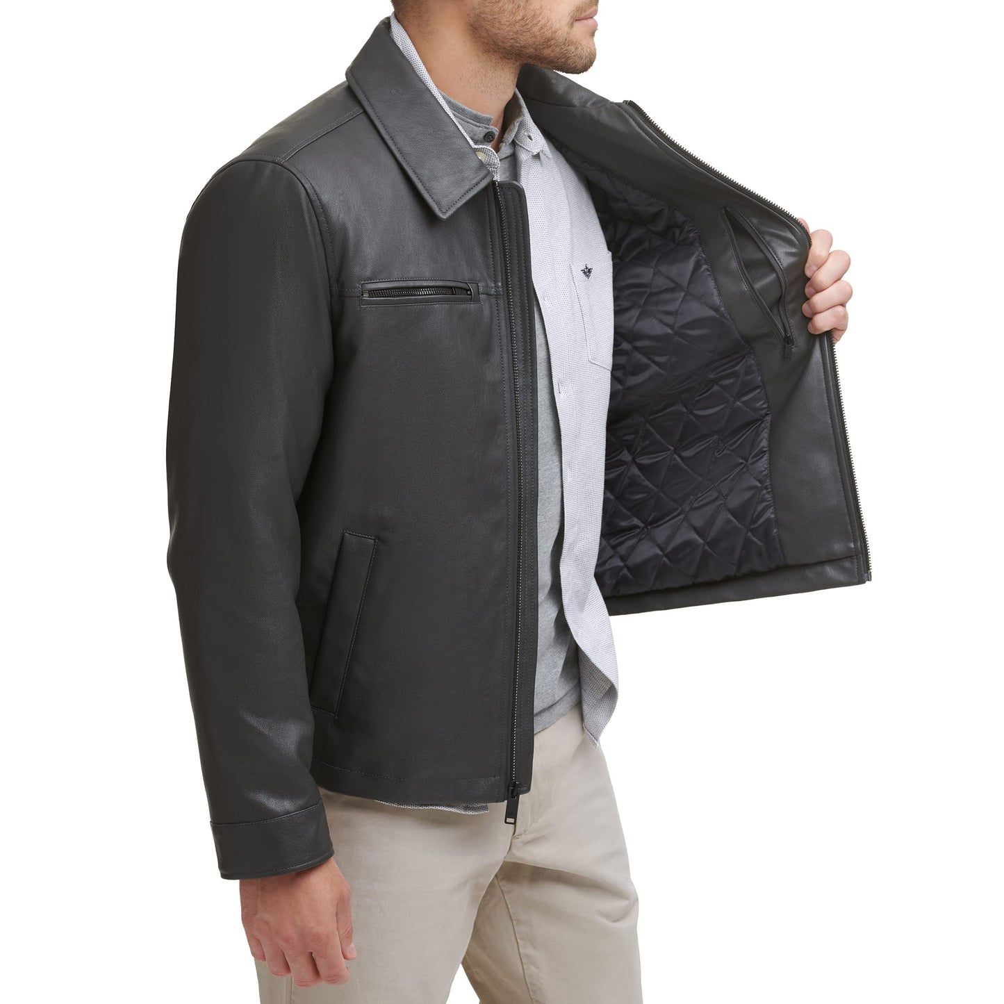 Dockers Men's James Faux Leather Jacket, Grey w. Chest Zip, Medium