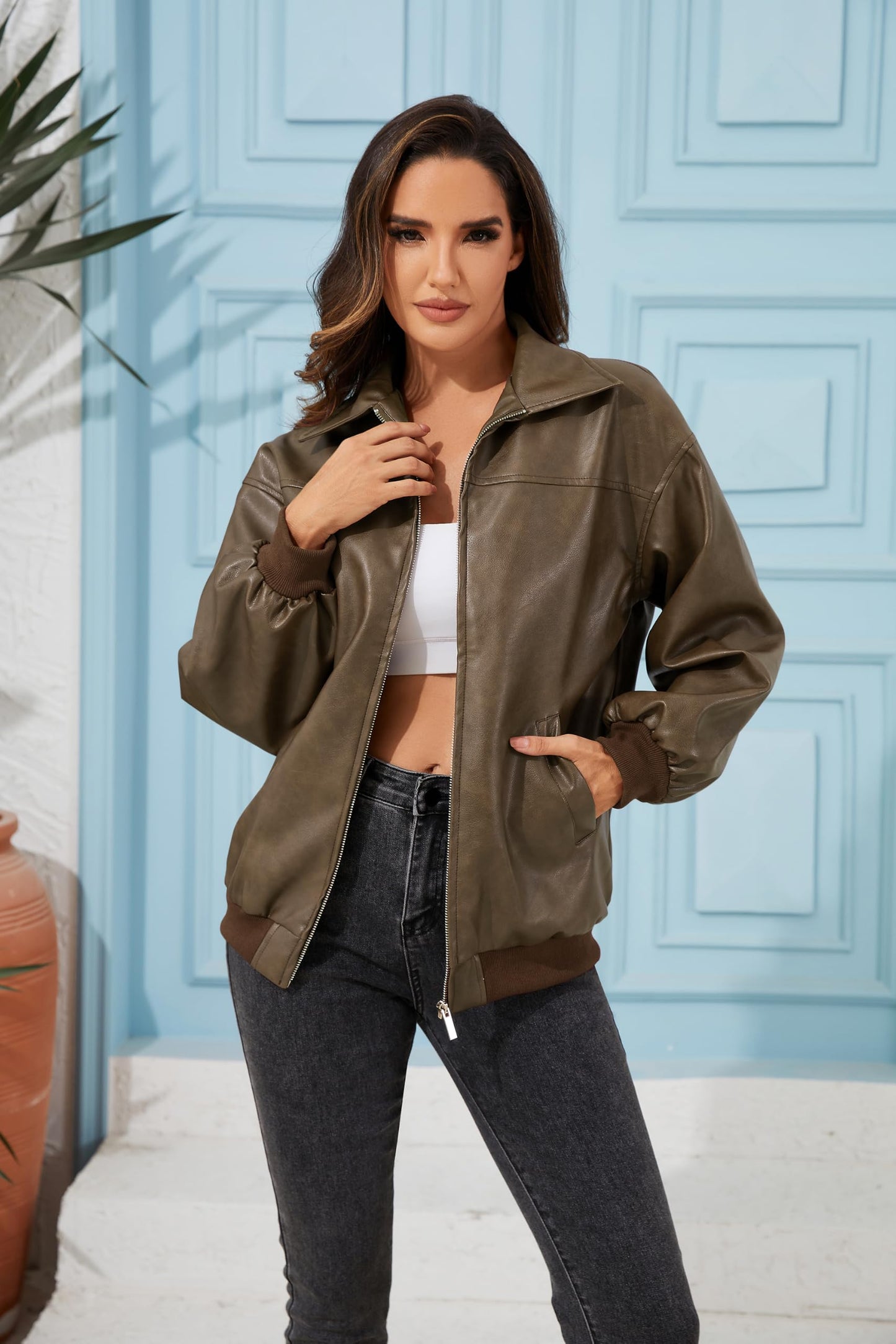 KWSTAIN Brown Leather Jacket for Women Bomber Autumn Winter Vintage Washed Faux Leather Long Lantern Sleeve Streetwear (Brown,L)