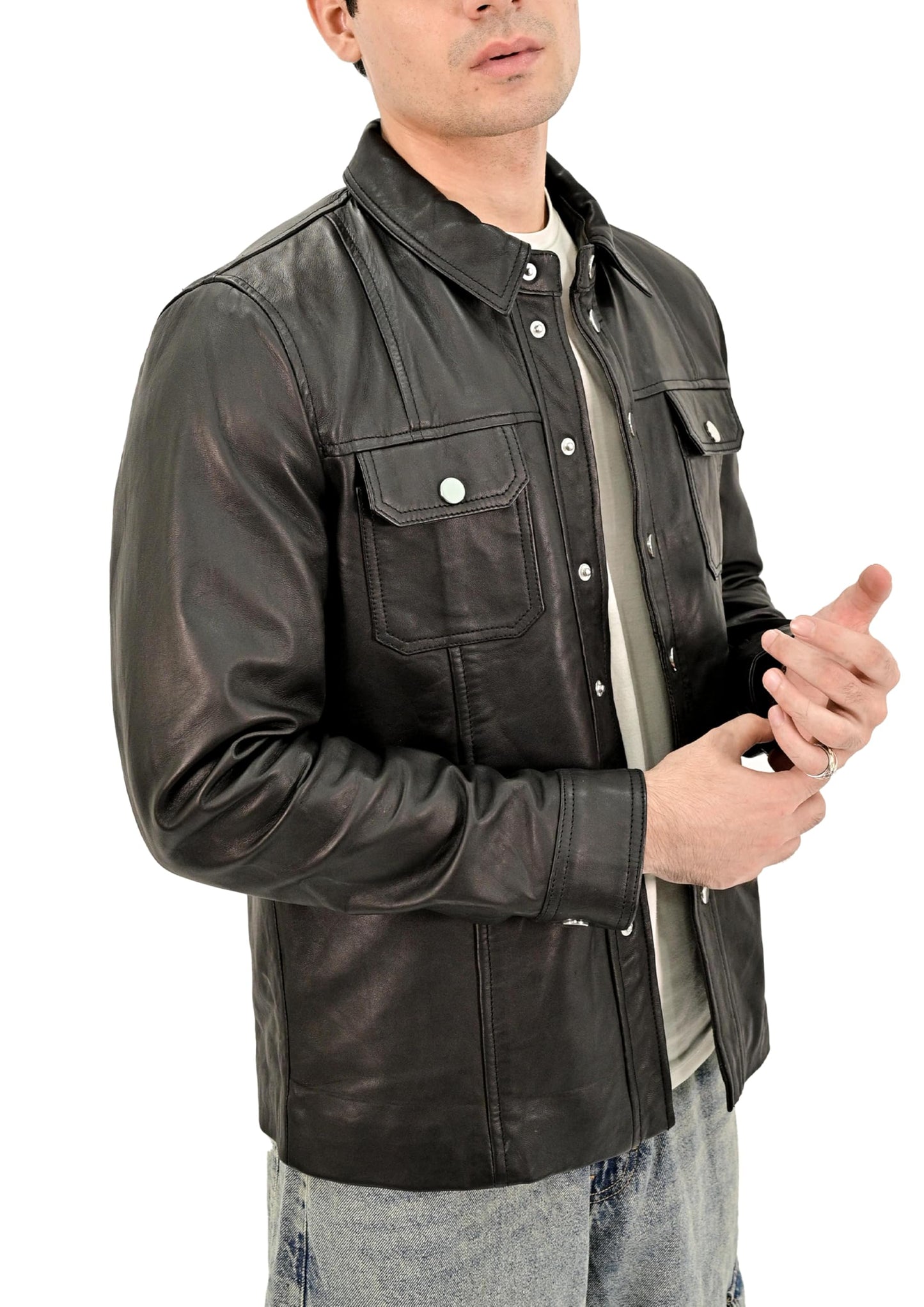 Rauly Trucker Leather Jacket Men Real Lambskin Button Front Shirt Collar Mens Leather Jacket