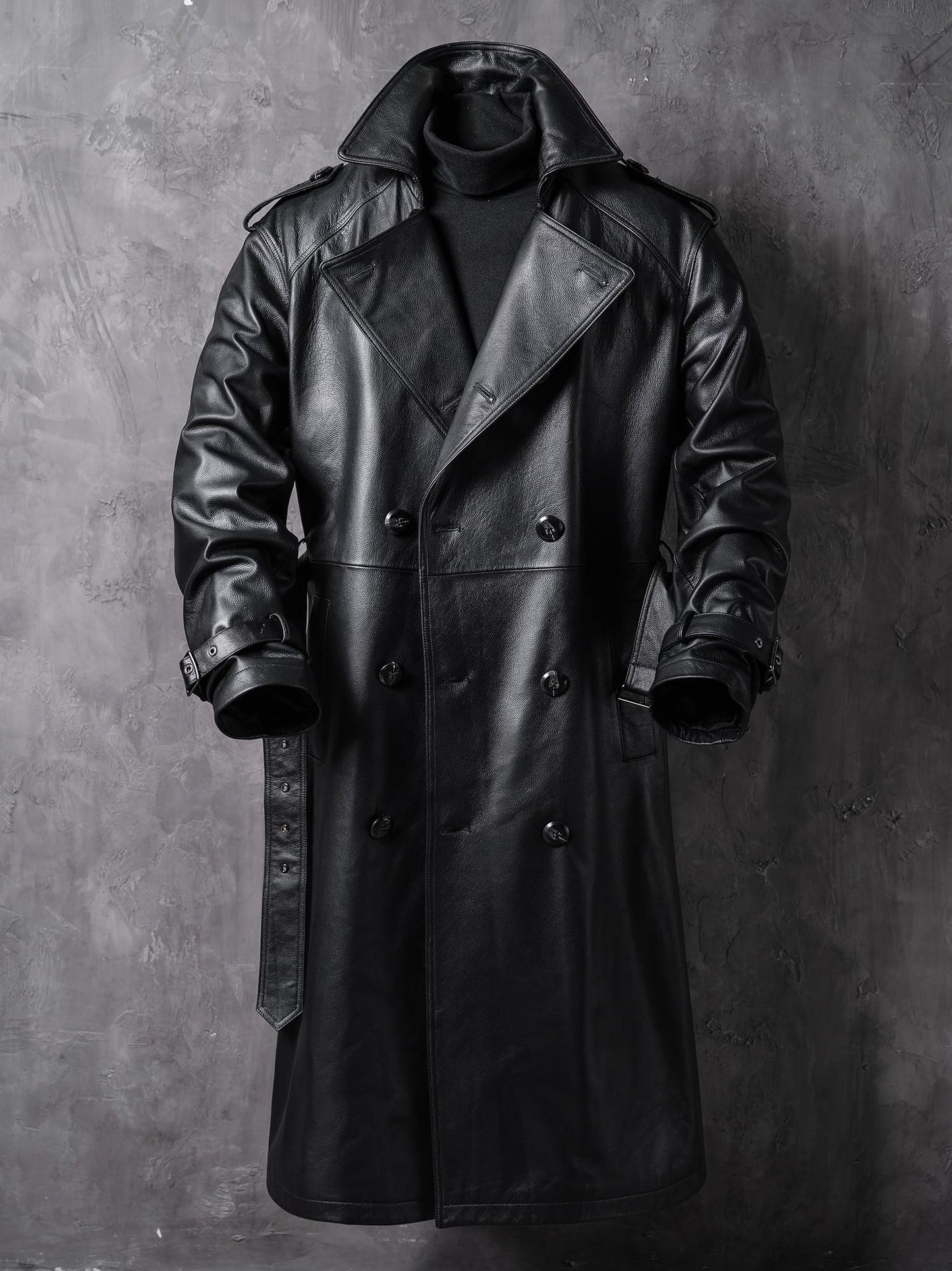 WPKDS Men's Genuine Leather Trench Coat, Mid-Length Double Breasted with Belt, Leather Overcoat Jacket (US, Alpha, XX-Large, Regular, Regular, Black)