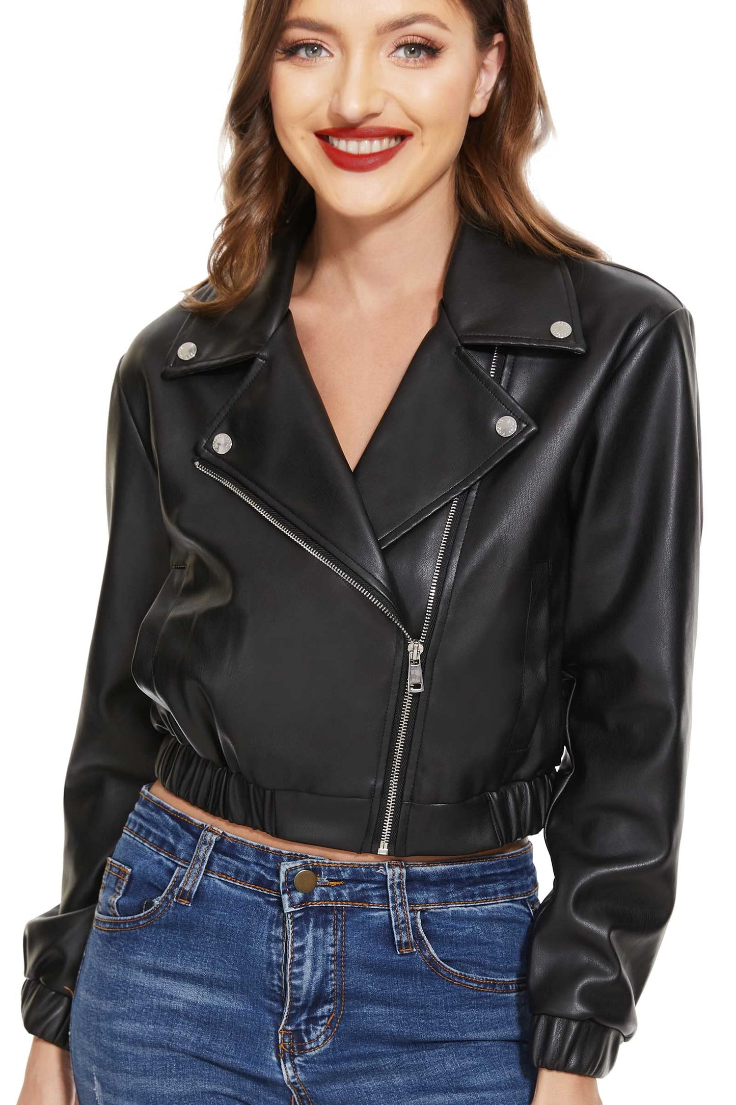 Fahsyee Faux Leather Jacket Women - Black Motorcycle Short Coat Moto Biker Blazer Plus Size Casual Pleather Jackets Fashion M
