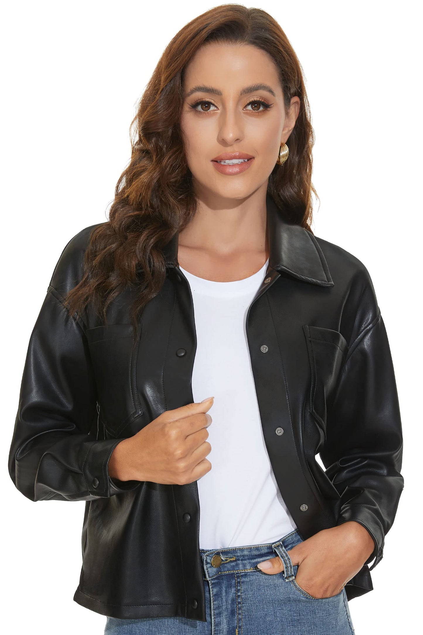 Fahsyee Women Faux Leather Blazer, Moto Biker Short Shirts Loose Fit Shacketwith Long Sleeves Button Casual Jacket Black Plus Size L