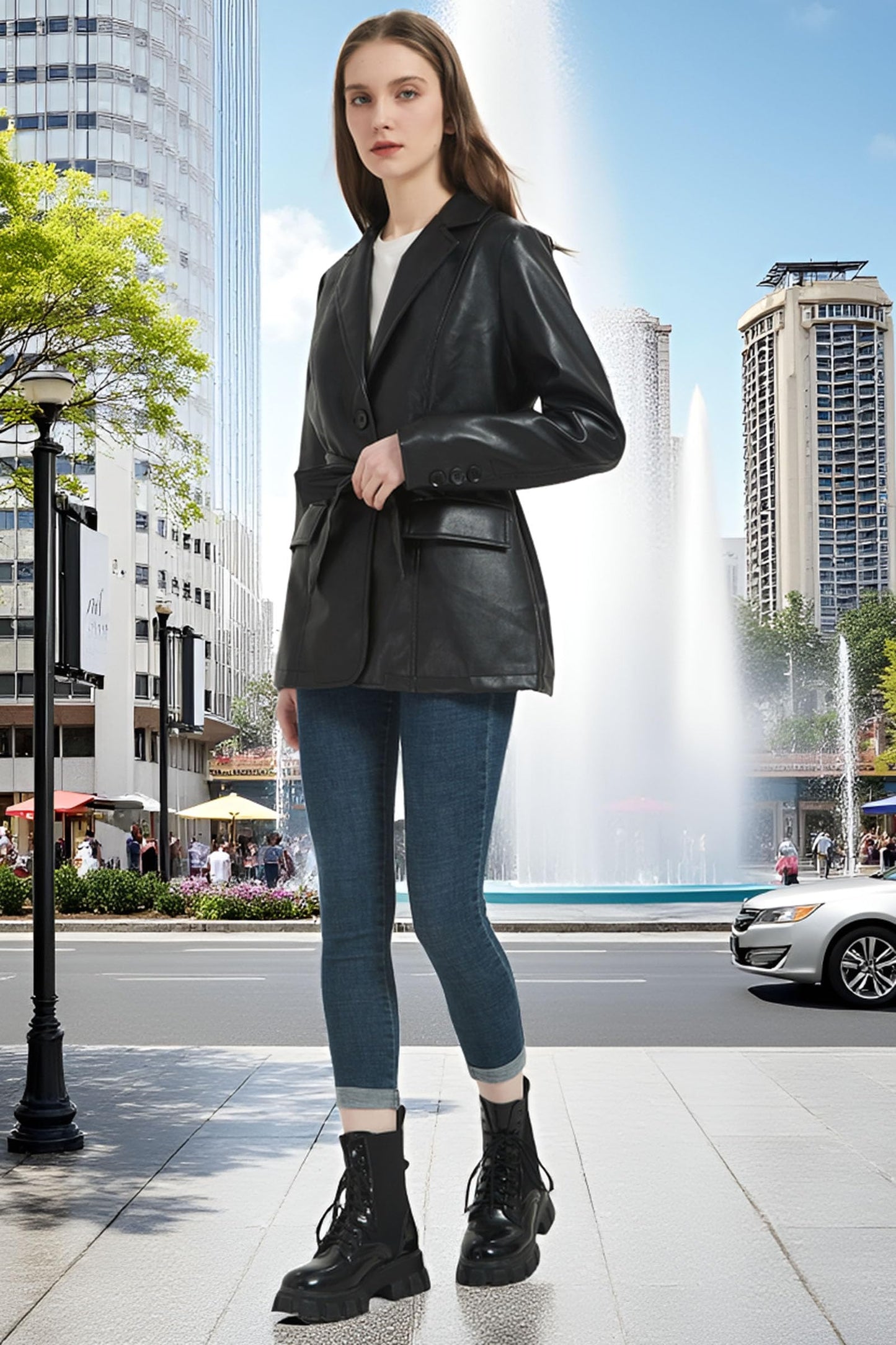 RISISSIDA Women Faux Leather Blazer Jacket Spring Fall Vegan Pleather Soft Casual Lapel Button Down Coat with Belt,Black,L