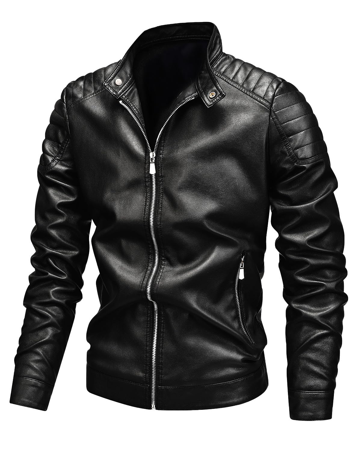 Fairylinks Leather Racer Jacket Men Slim Fit Motorcyle Black Small