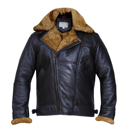 MARCO ENZOLANI Cross Zip B3 Bomber Aviator Real Shearling Brown Sheepskin Leather Jacket - Warm Leather Jacket (Crosszip Dark-Medium)