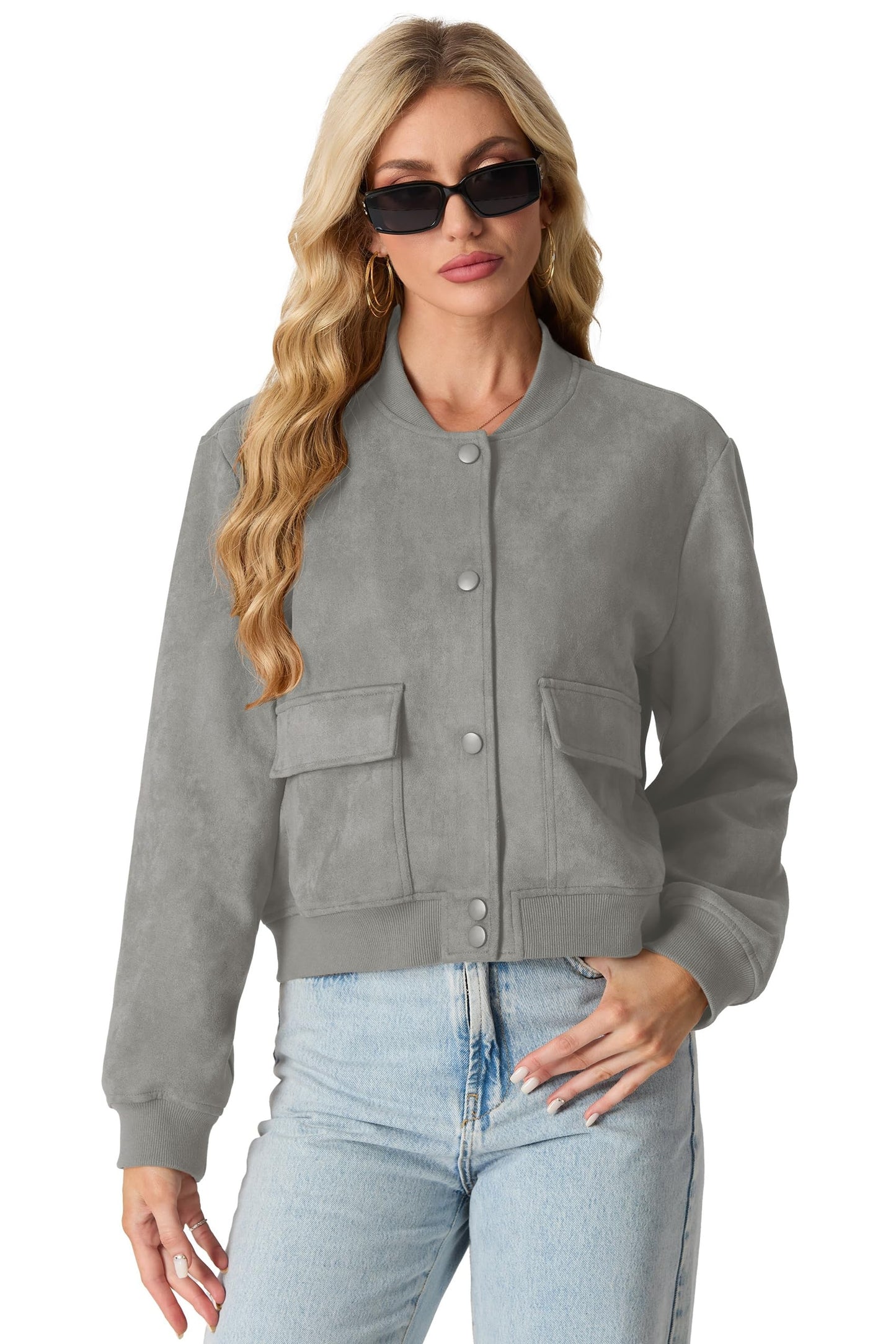 GRECERELLE Womens Bomber Jacket Cropped Button Down Varsity Jacket Long Sleeve Casual Outwear With Pockets (Grey, Medium)