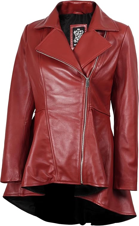 Decrum Disc Motorcycle Jacket Women - Peplum Zip Up Long Leather Jacket | [1315413] Clarissa Purple, M