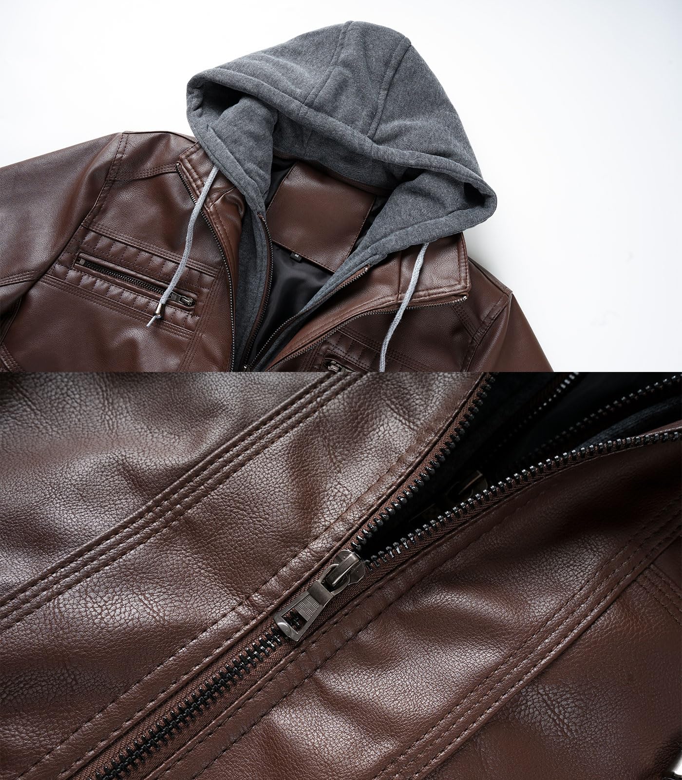 INVACHI Men's Leather Jacket Motorcycle Bomber Jacket Windproof PU Vintage Jacket with Removable Hood (US, Alpha, Large, Regular, Regular, Coffee)