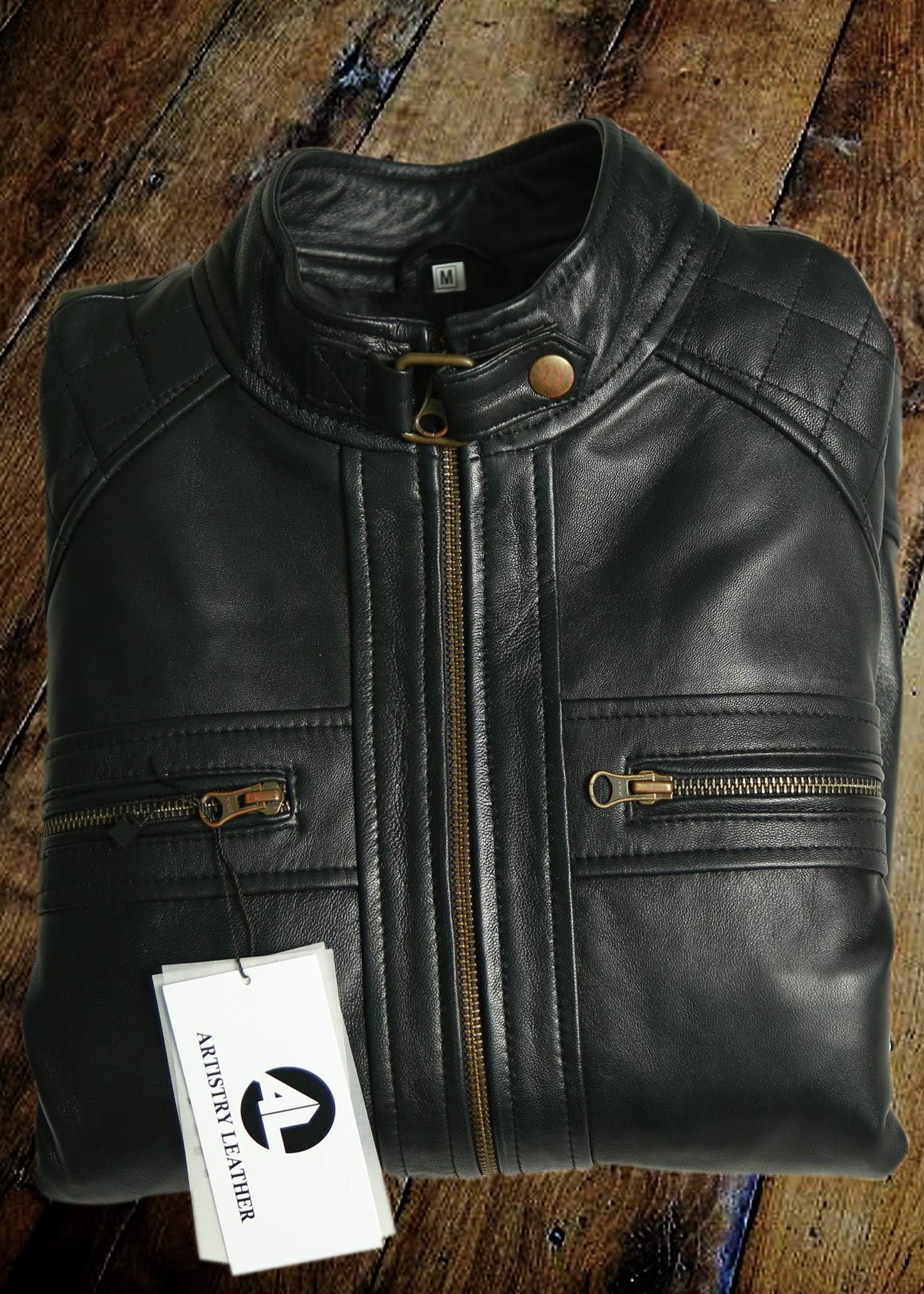 Mens Genuine Leather Biker Jacket Black | Vintage Brown Distressed Lambskin Motorcycle Jackets for Men (Black, Large)