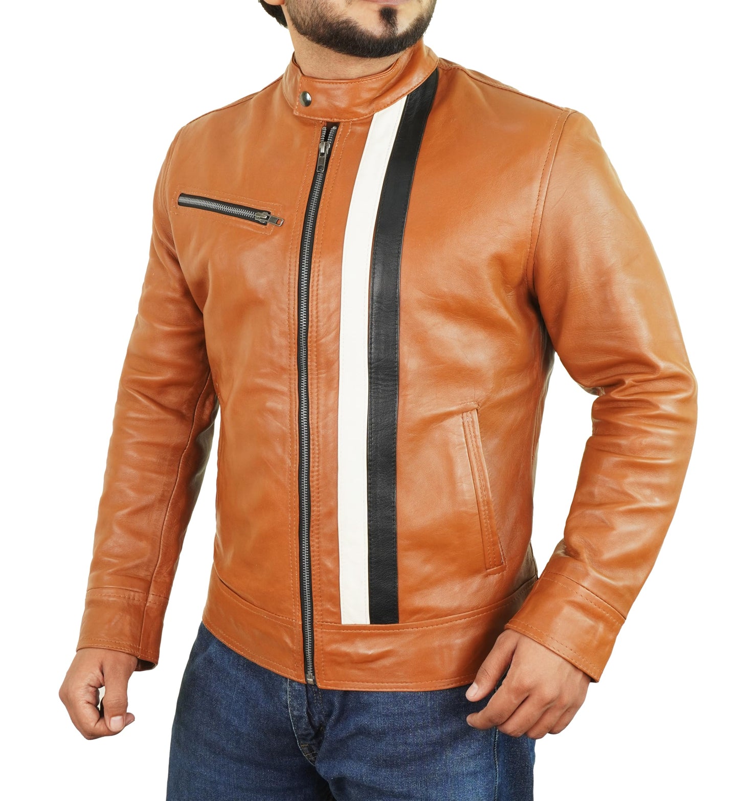 Cafe Racer Leather Jacket Men - Mens Brown Leather Jacket | Stripe Brown - L