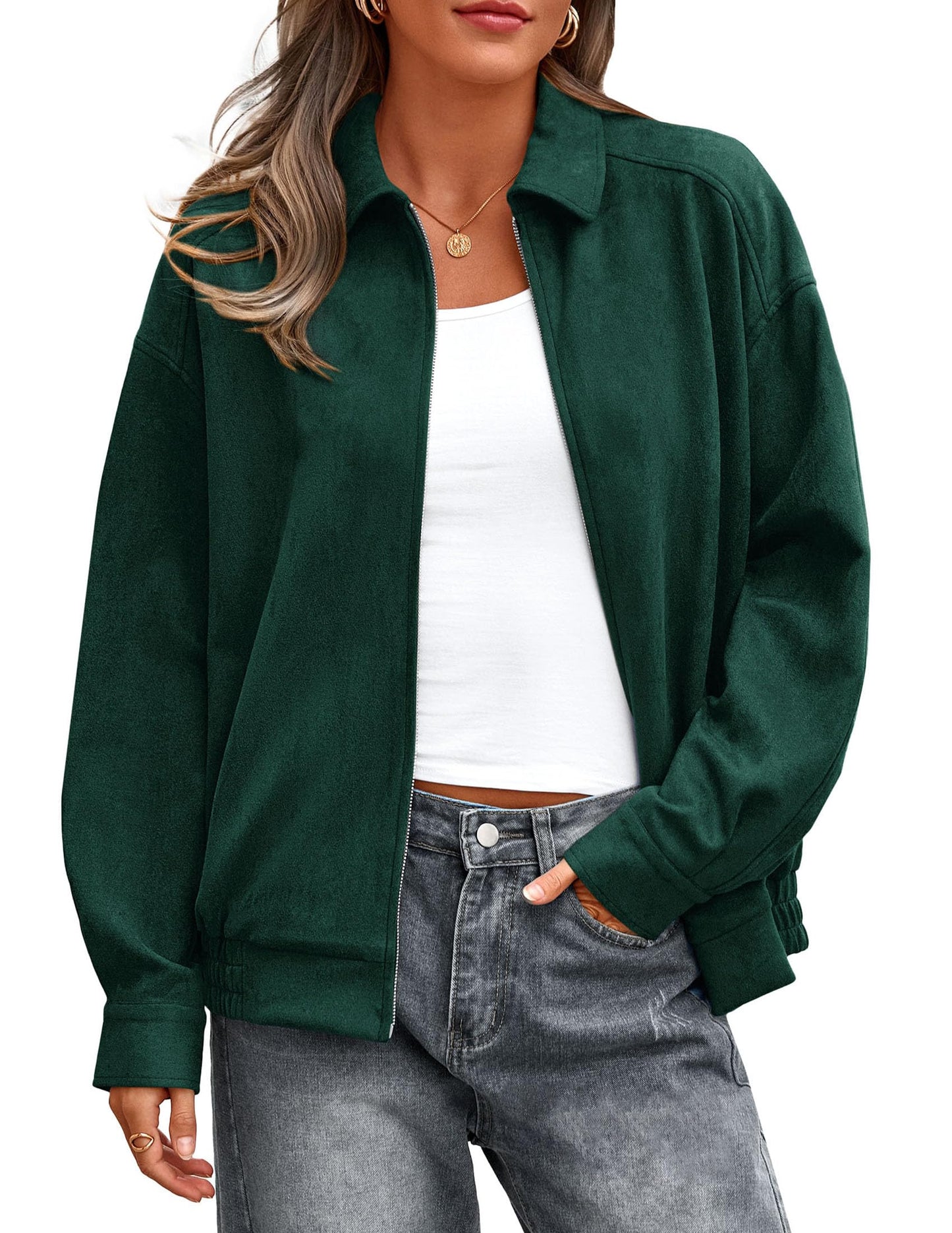 PRETTYGARDEN Faux Suede Bomber Jacket Women Fall Fashion 2026 Casual Zip Up Oversized Trendy Winter Clothing Outerwear Coats (Dark Green,Small)