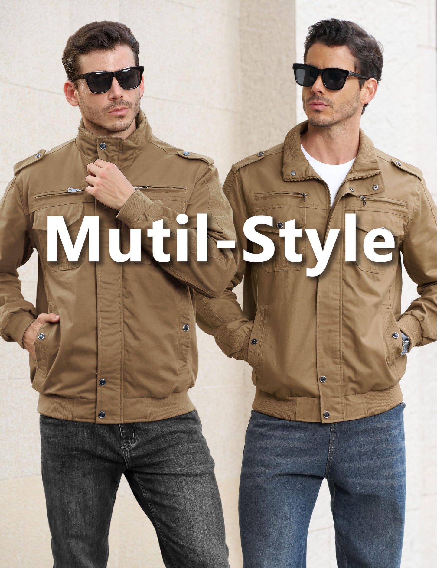 EKLENTSON Bomber Jacket for Men Military Fall Lightweight Windbreaker Flying Cargo Jacket Khaki M