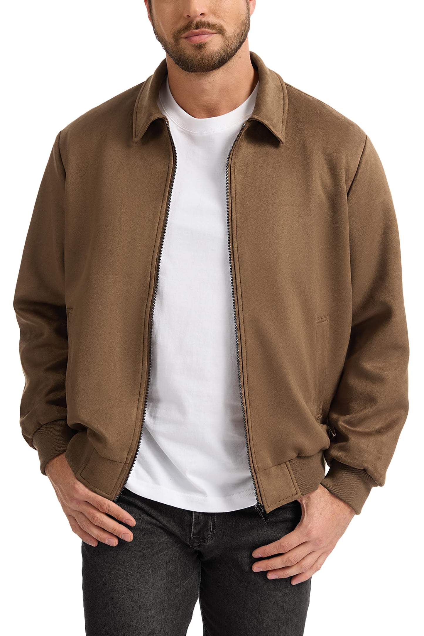 Fahsyee Men's Faux Suede Bomber Jacket Casual Stylish Outwear, Lightweight Vintage Coat With Full Zipper Brown XXL