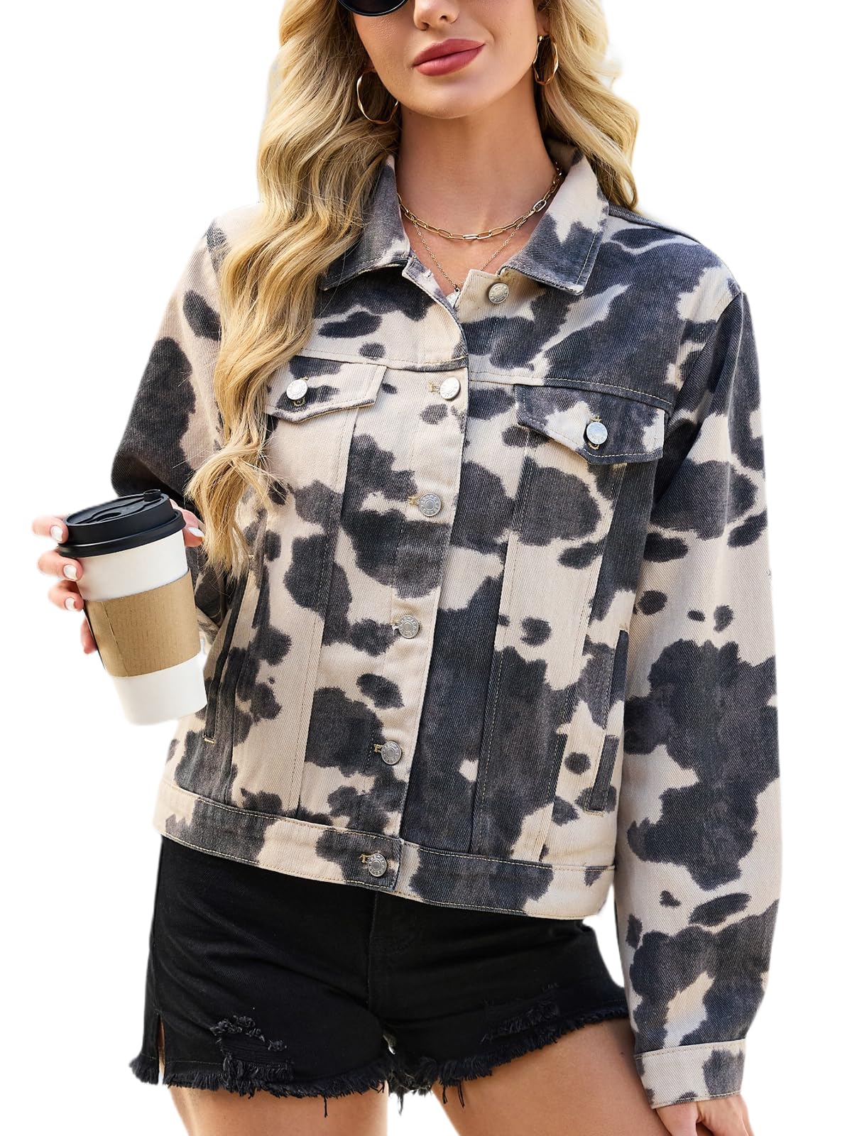 D-Sun Denim Jacket Women Oversized Jean Jackets Animal Print Casual Long Sleeve Western Coat Trendy Outwear