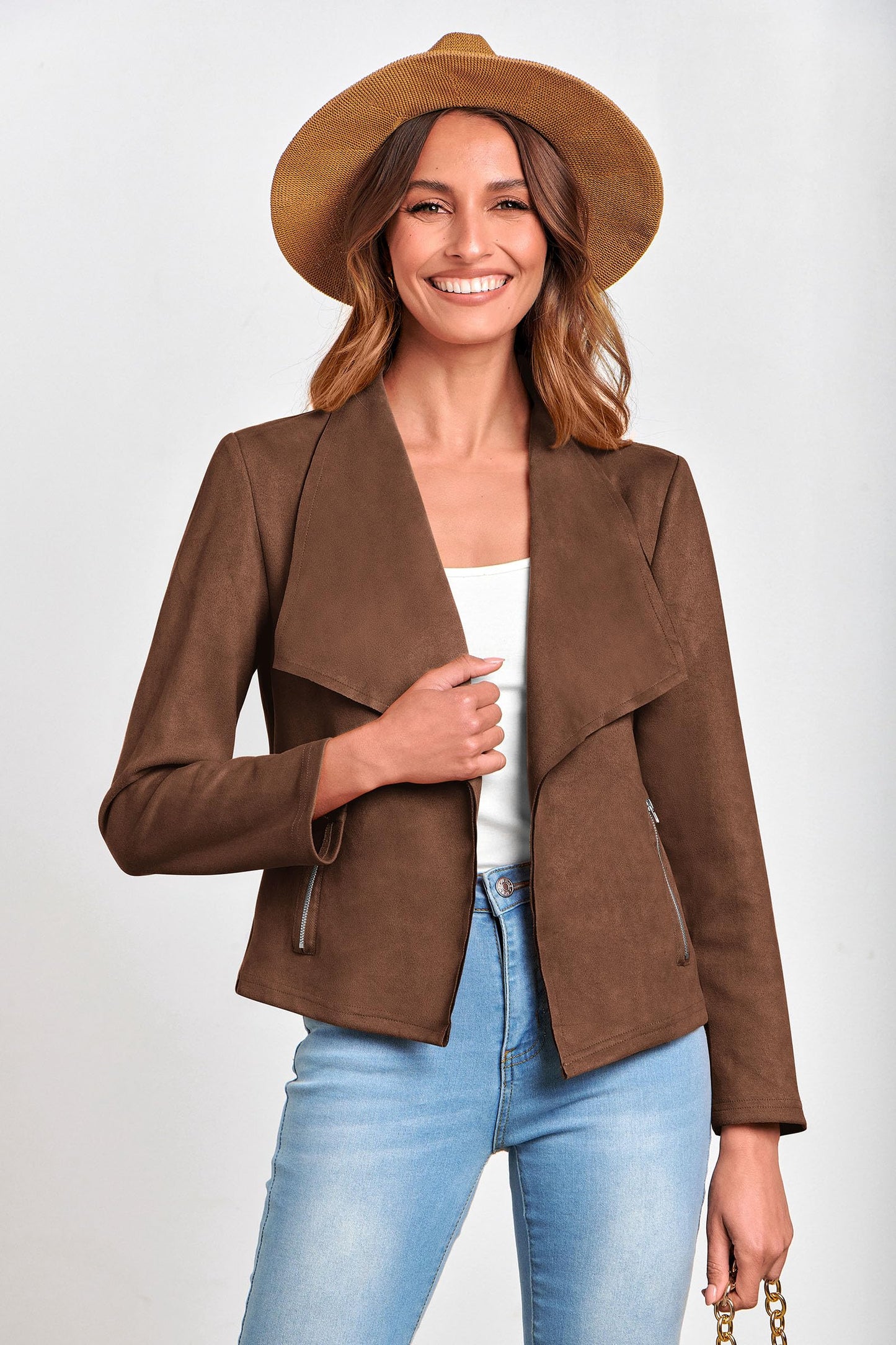 PRETTYGARDEN Women 2026 Fashion Fall Coats Outerwear Long Sleeve Open Front Crop Faux Suede Leather Jackets (Coffee,Large)