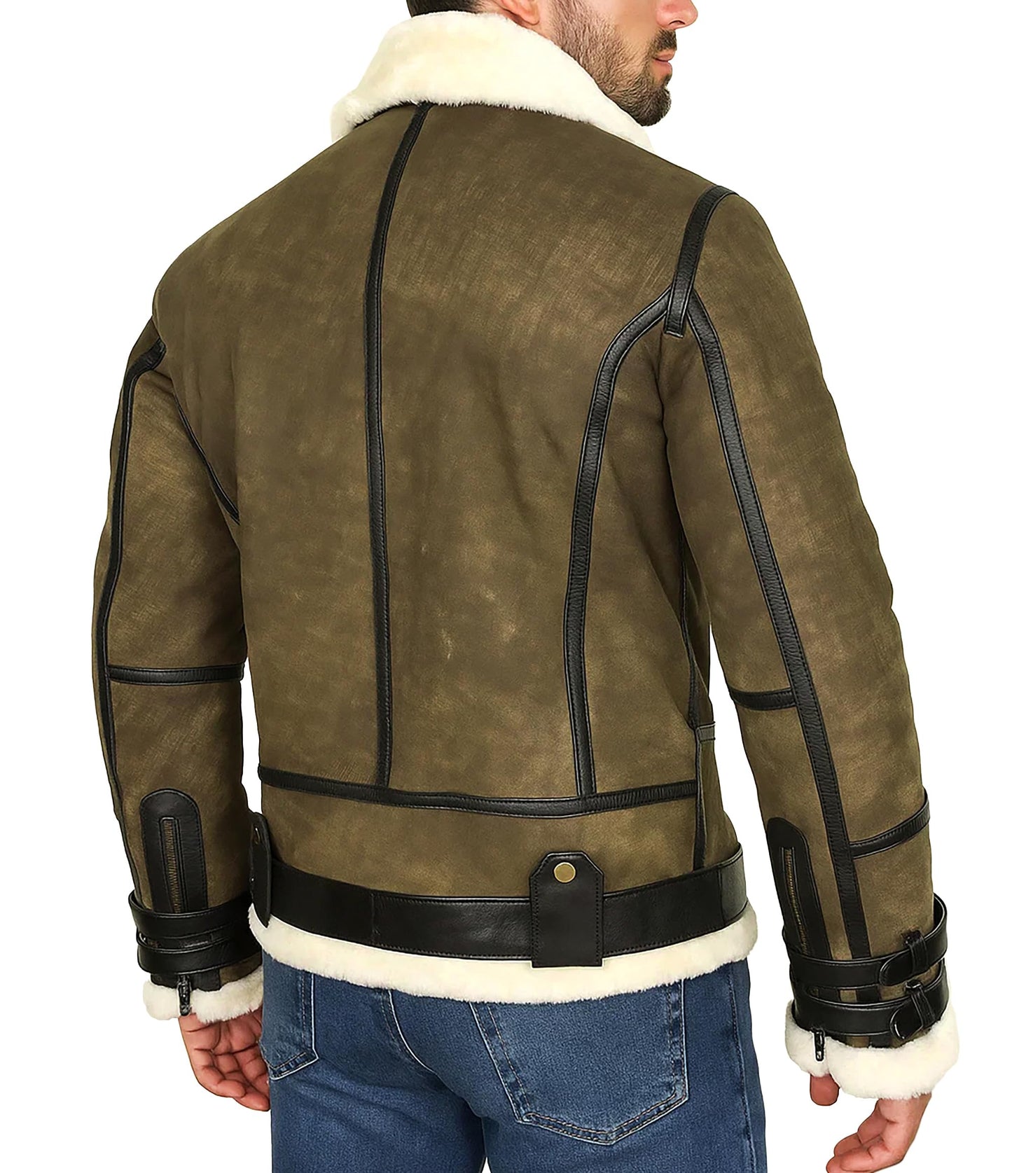 Aviator Bomber Synthetic Fur Shearling Jacket - Mens RAF B3 Bomber Ginger Sheepskin Leather Jacket Olive