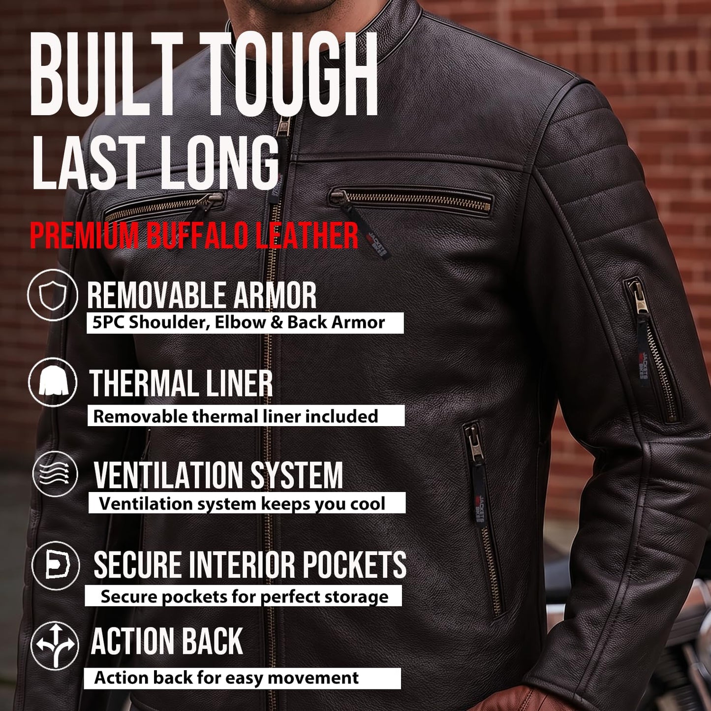 REVOLT Men's Motorcycle Jacket, Natural Buffalo Leather, CE Armor - Ventilation, Cruiser Motorbiker Touring Biker Brown L