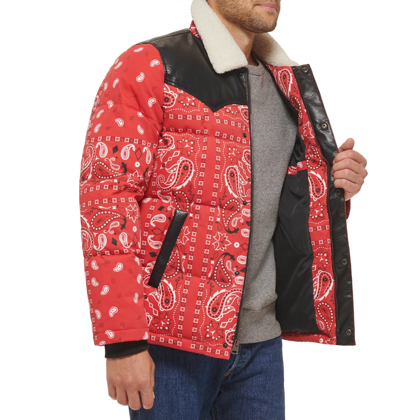 Levi's Men's Levi's Men's Out West Mixed Media Puffer Vest, Red Bandana Print Puffer, Small