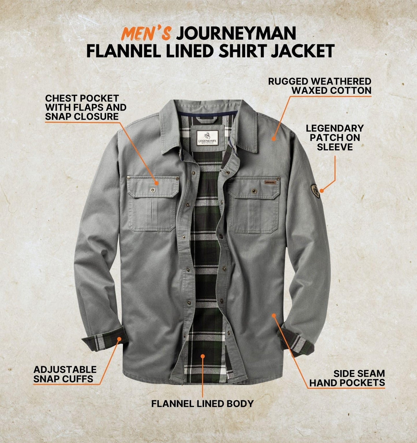Mens Flannel Lined Waxed Cotton Shirt Jacket, Wolf, X-Large