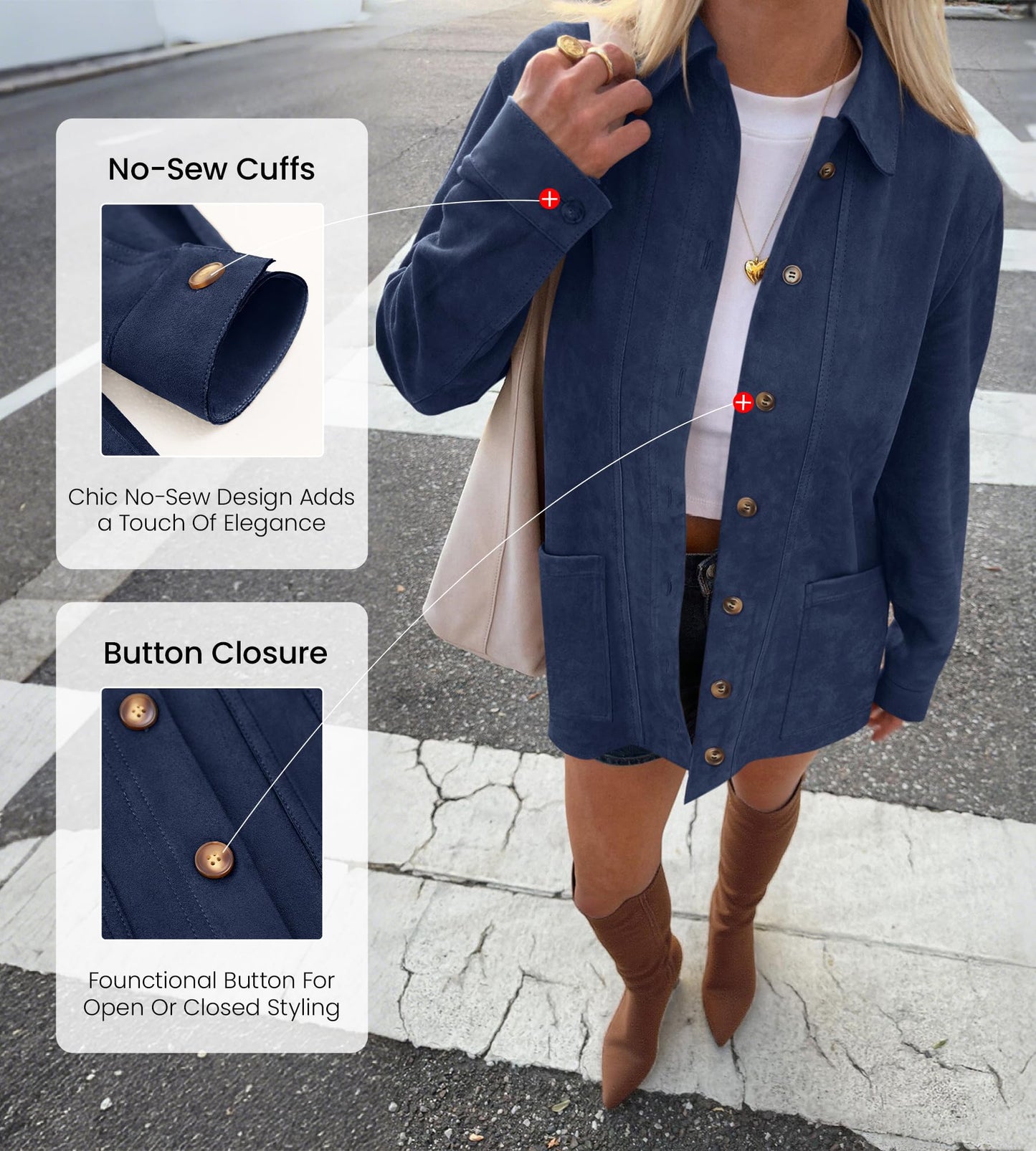 BTFBM Faux Suede Jacket Women Fall Fashion 2026 Leather Jackets Long Sleeve Button Down Winter Coats Shackets Outerwear(Navy Blue, Large)