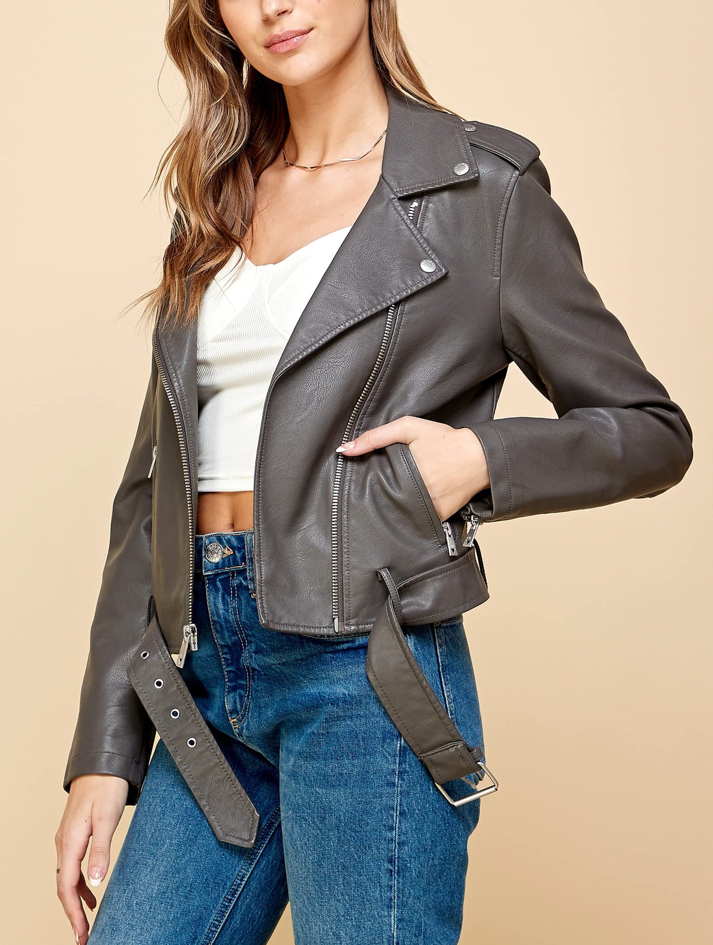 Made By Johnny MBJ WJC1849 Women's Asymmetrical Faux Lether Belted Moto Jacket L Grey