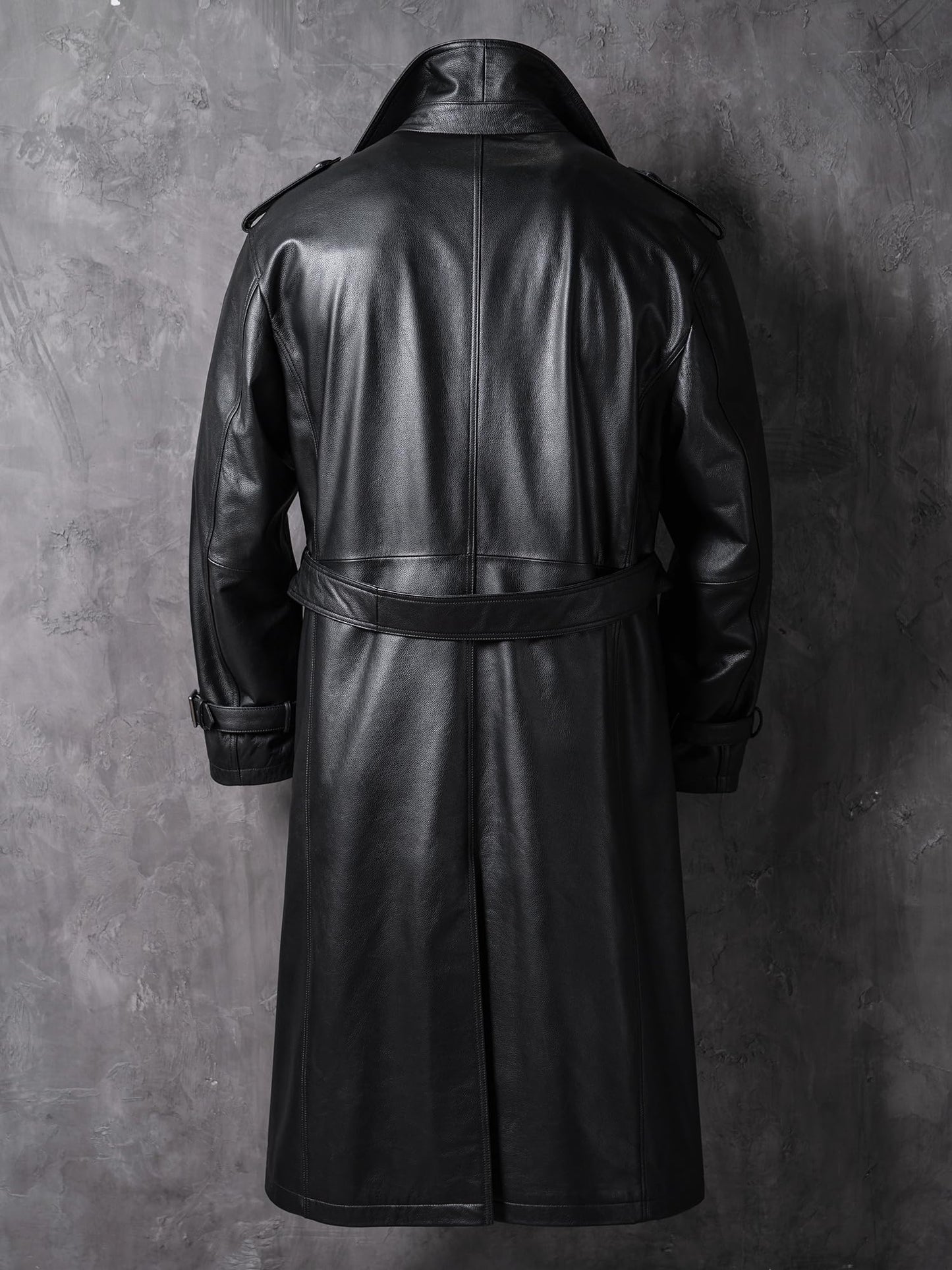 WPKDS Men's Genuine Leather Trench Coat, Mid-Length Double Breasted with Belt, Leather Overcoat Jacket (US, Alpha, XX-Large, Regular, Regular, Black)