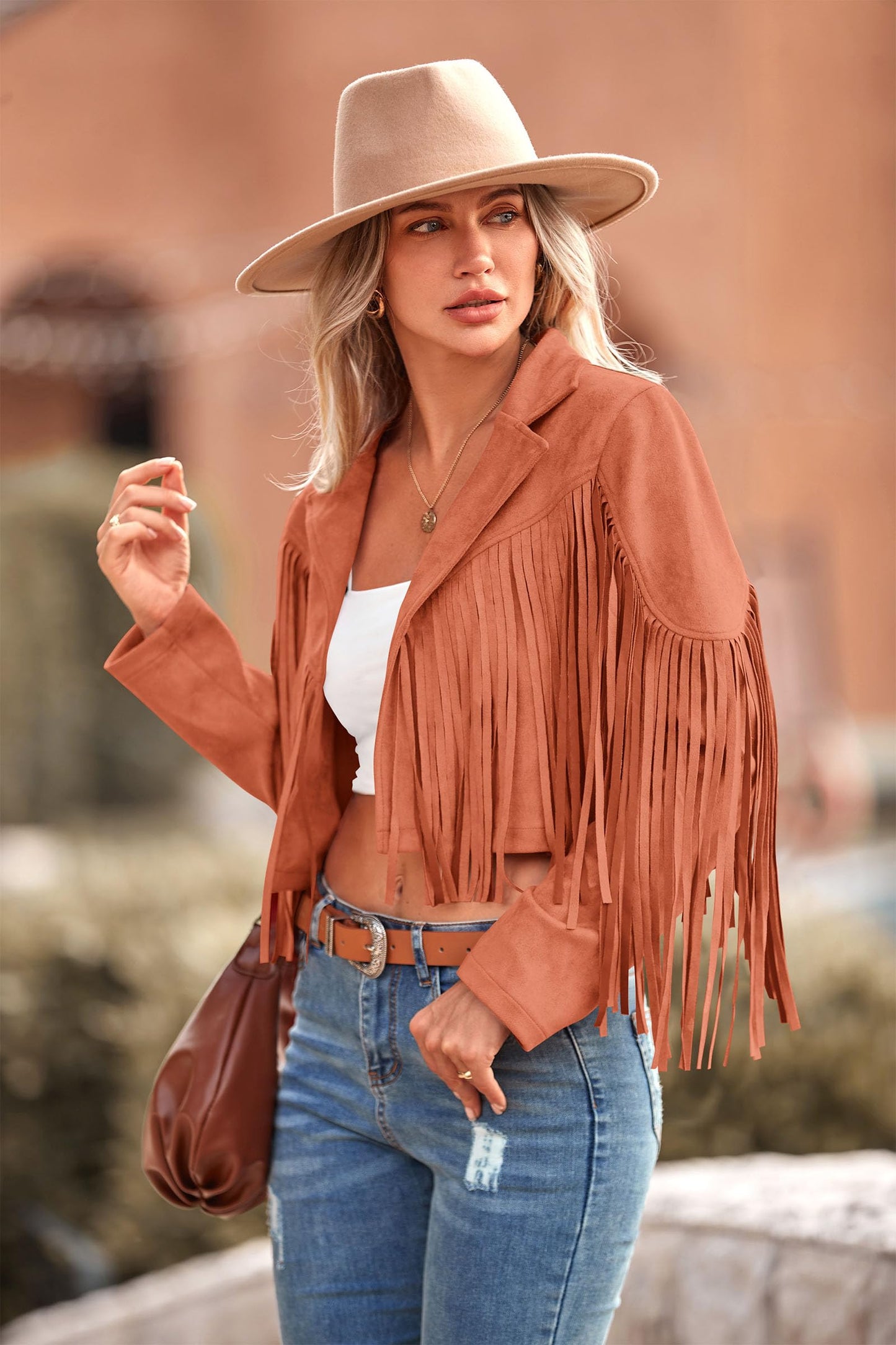 PRETTYGARDEN Women's Fringe Faux Suede Leather Jackets,Orange,XL