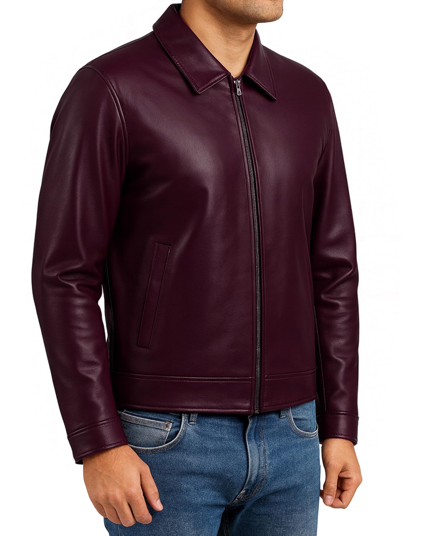 Jild Polo Collar Premium Leather Jacket Men - Old School Classic Style Everyday Wear Real Lambskin Mens Leather Jacket (Polo-Burgundy-XXL)
