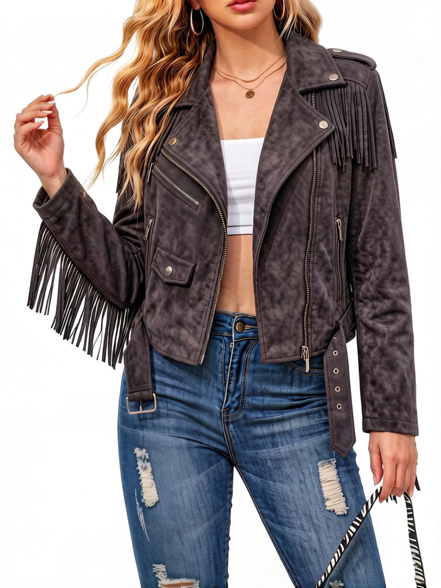 XULIKU Women Faux Leather Suede Jacket, Fall Spring Lapel Short Vegan Zipper Up Fringe Tassel Trim PLeather Suede Coat with Belt,Coffee,XL