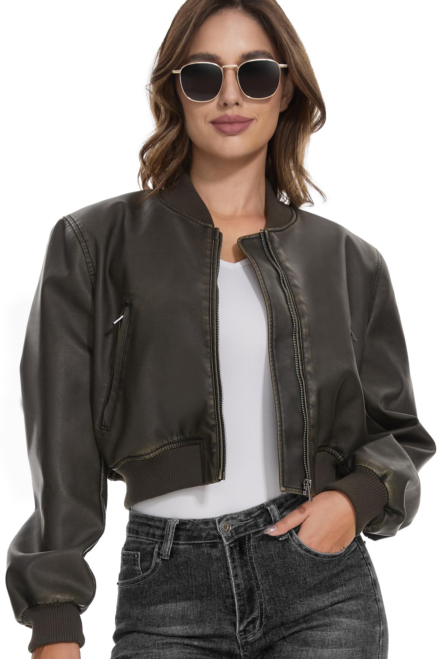 Fahsyee Women's Faux Leather Jacket, Moto Belted Biker Coat, Black S