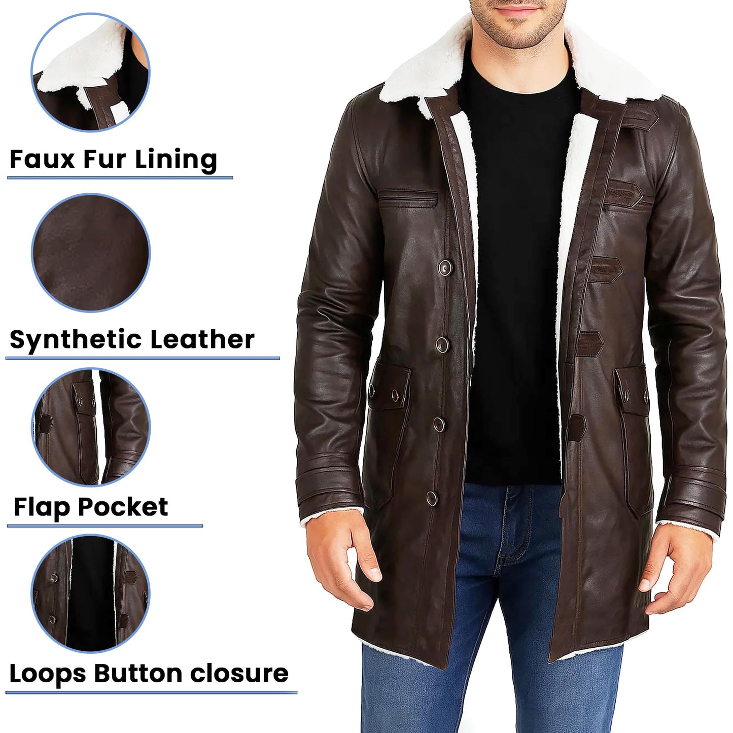 III-Fashions Men's BN Faux Fur Shearling Brown Faux Leather Pea Coat Costume Winter Overcoat