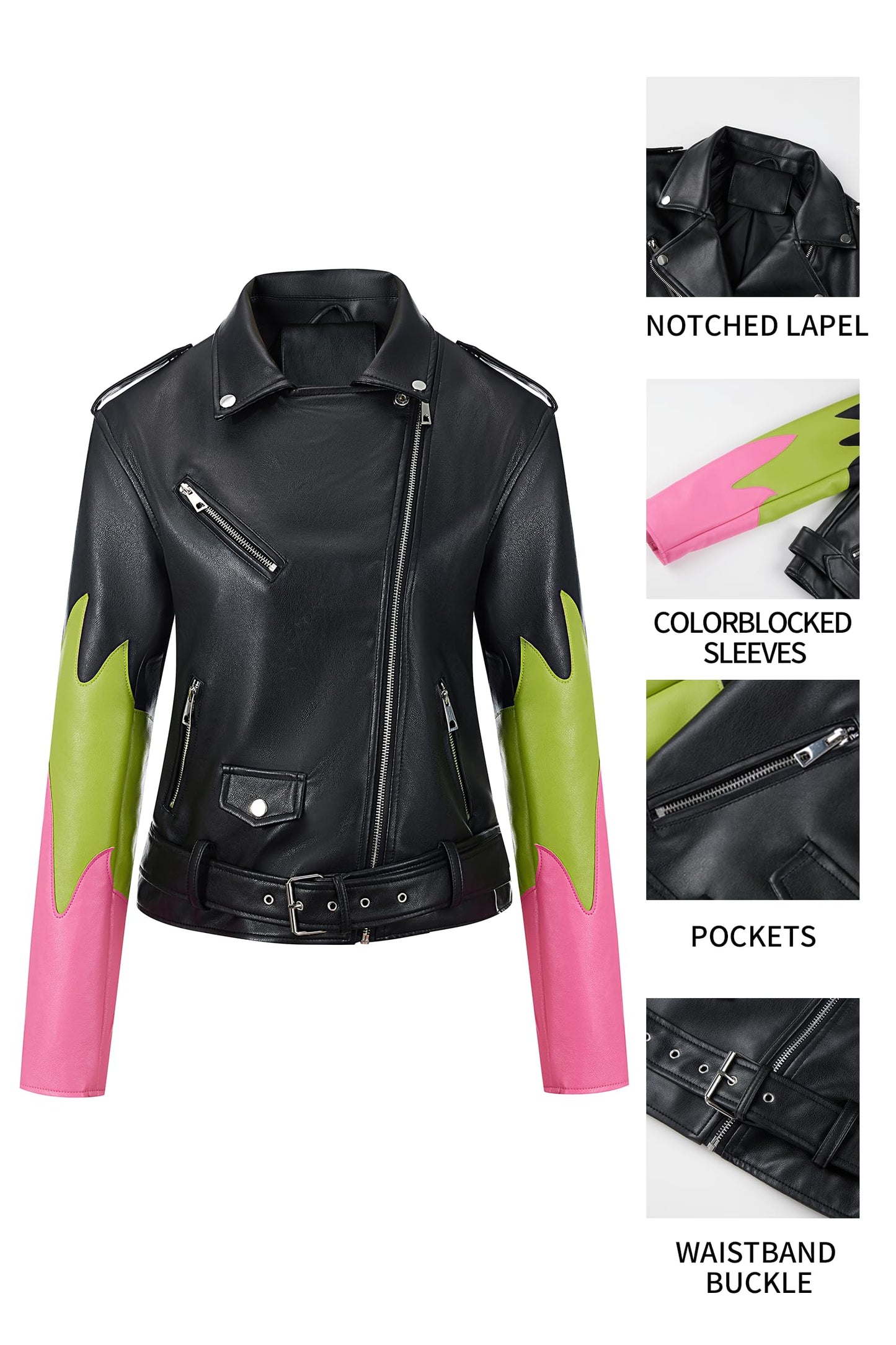 Bellivera Women's Faux Leather Color-Block Moto Zip Jacket Black M