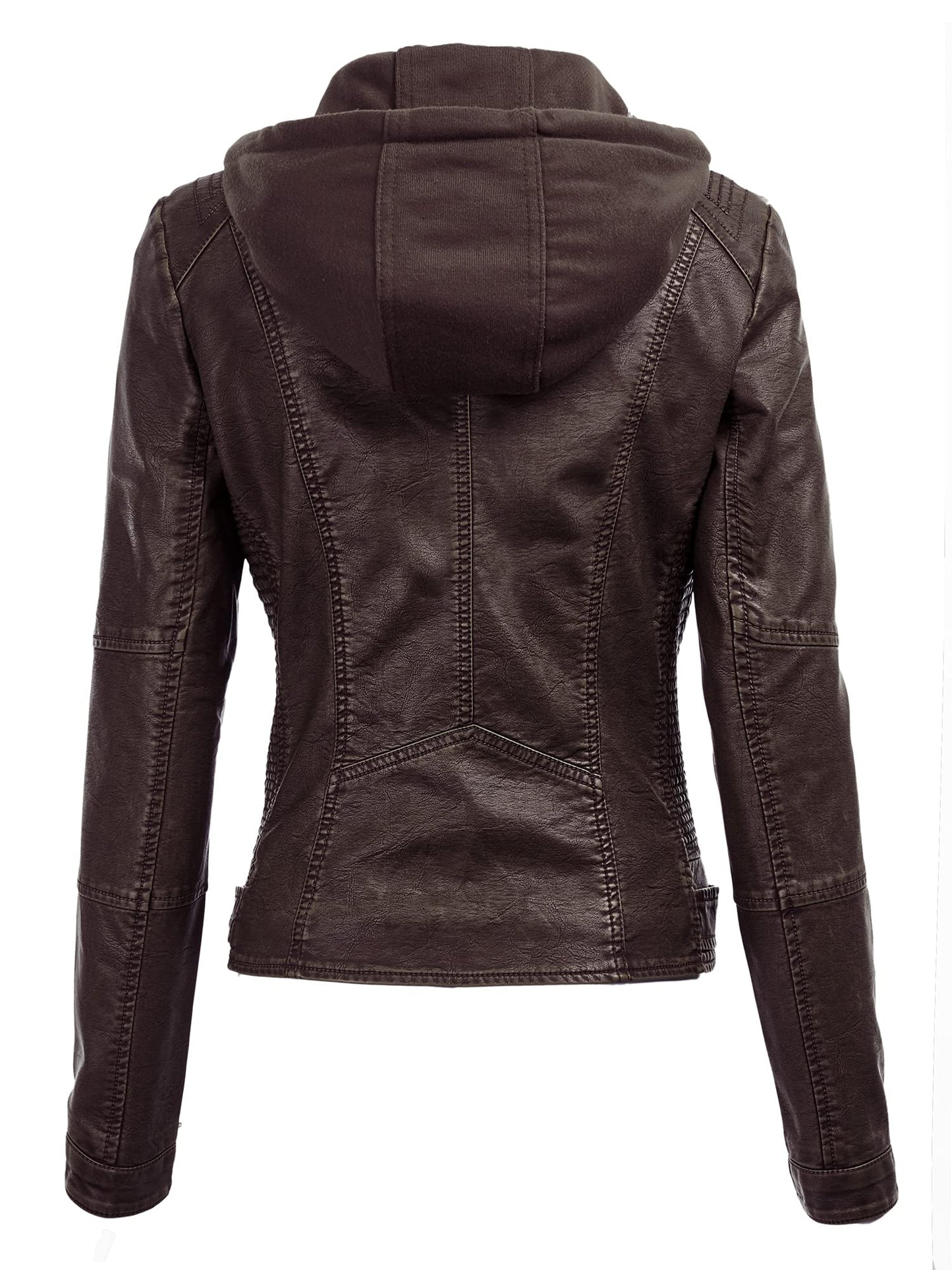 Made By Johnny MBJ WJC1044 Womens Faux Leather Quilted Motorcycle Jacket with Hoodie XL COFFEE