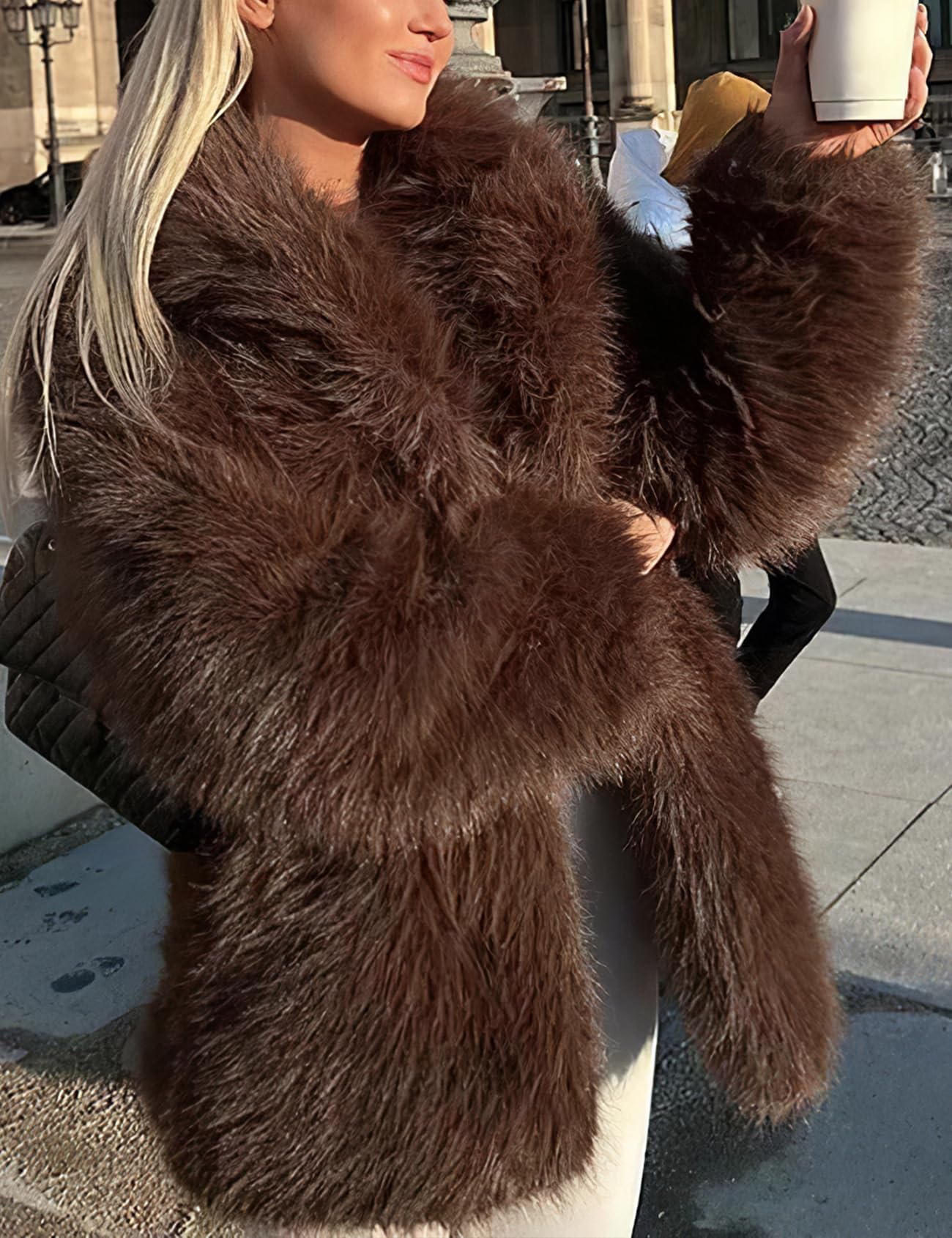 PEHMEA Women's Mid-Length Faux Fur Coats Winter Warm Fuzzy Jackets Long Sleeve Lapel Fashion Casual Fluffy Shaggy Parka Coat(Brown-M)