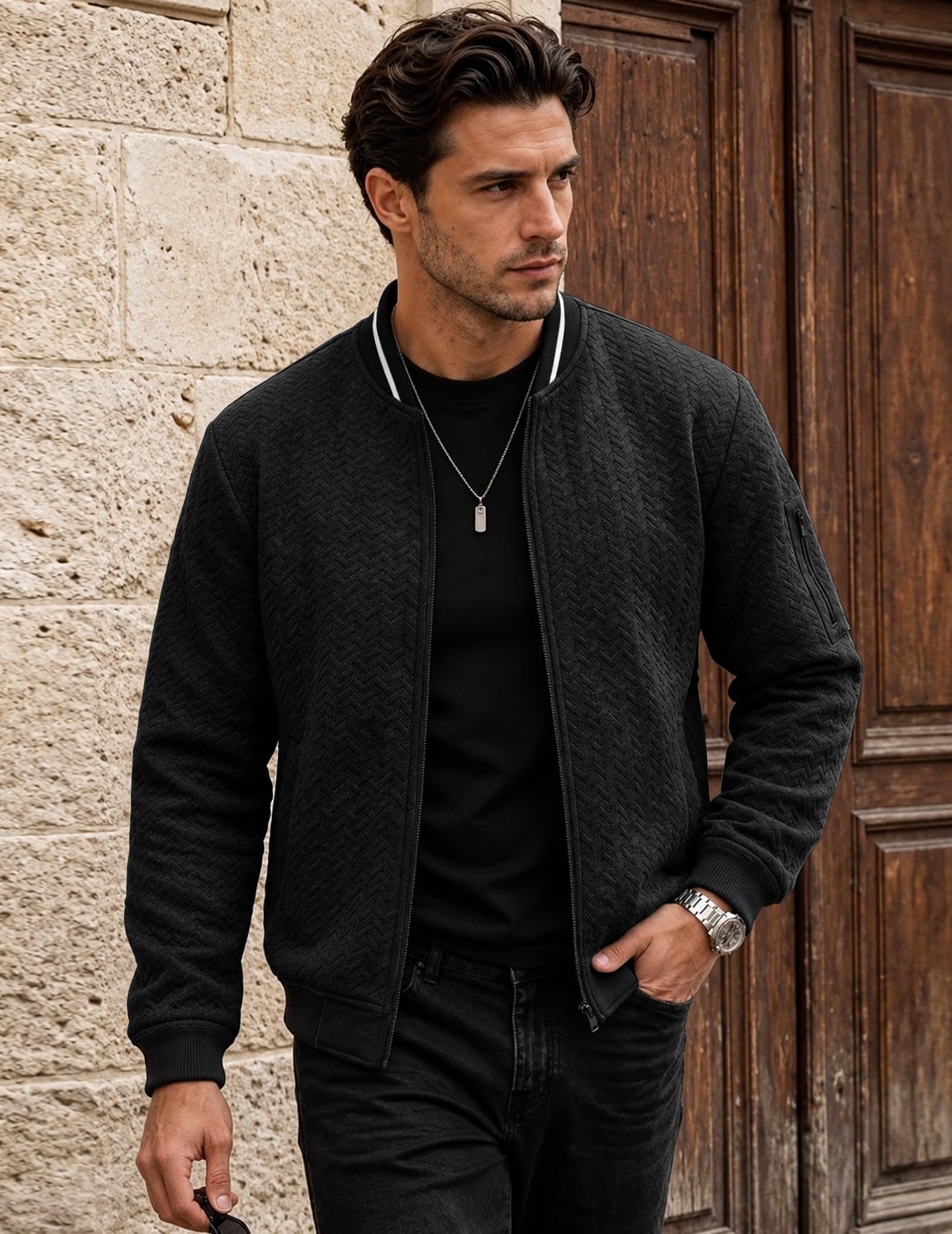 JMIERR Men's Textured Full Zip Bomber Jacket Multi Pockets,Black,M
