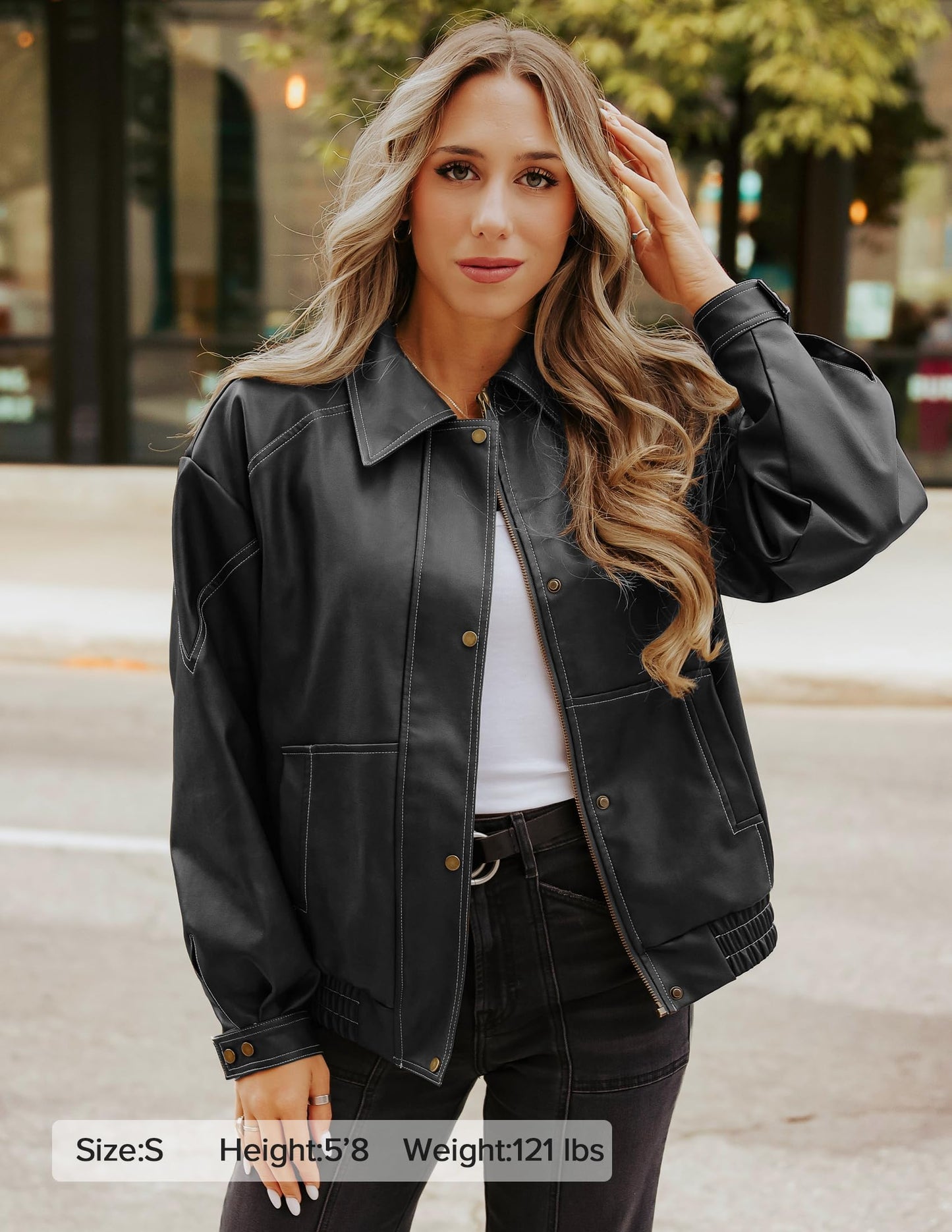 ZESICA Women's Faux Leather Jacket Oversized Zipper Motorcycle Coats 2026 Spring Fashion Trendy Clothes Outfits Black Small