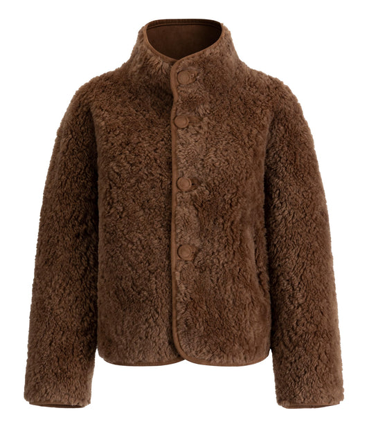 FLAVOR Womens Reversible Shearling Faux Leather Jacket Winter Casual Stand Collar Faux Fur Coats (Dark Brown, M)