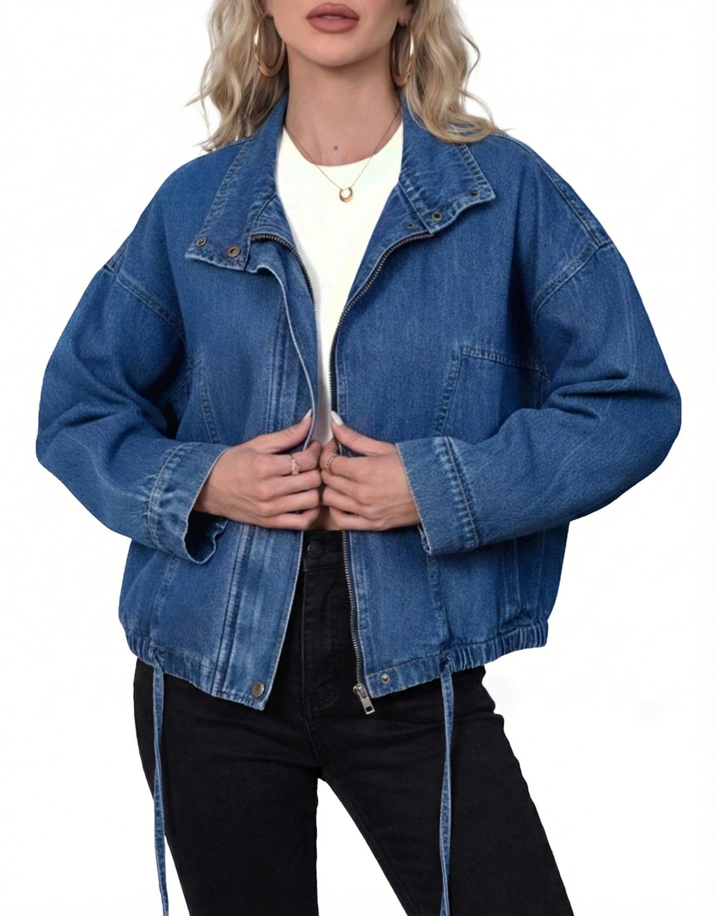 Ladyful Women's Oversized Jean Jacket Boyfriend Denim Bomber Jackets Shacket Long Sleeve Casual Trendy Zip Up Shirt Coat(Blue-XL)