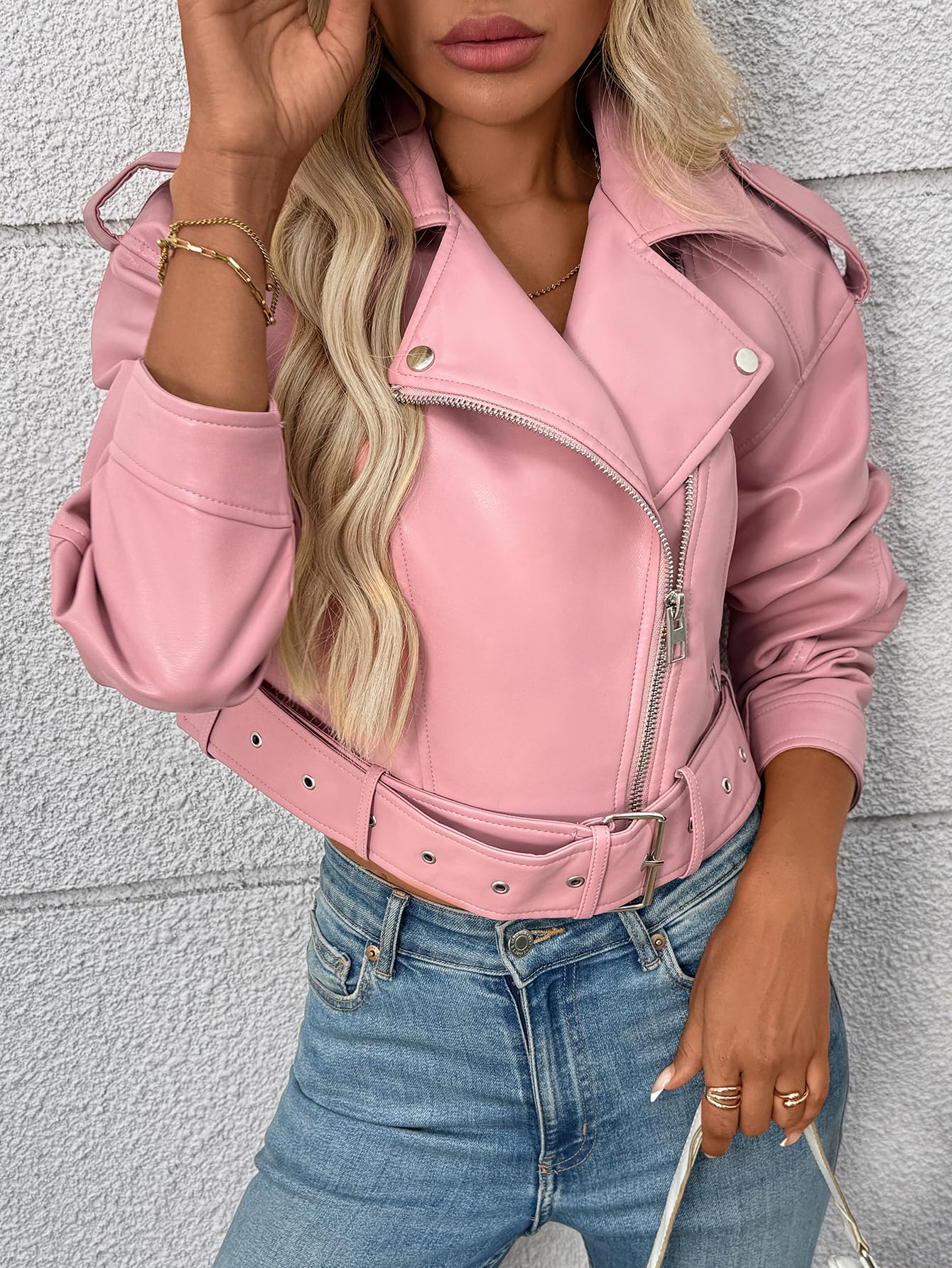 LY VAREY LIN Women Faux Leather Cropped Jacket Vegan Motor Biker Coat with Belt