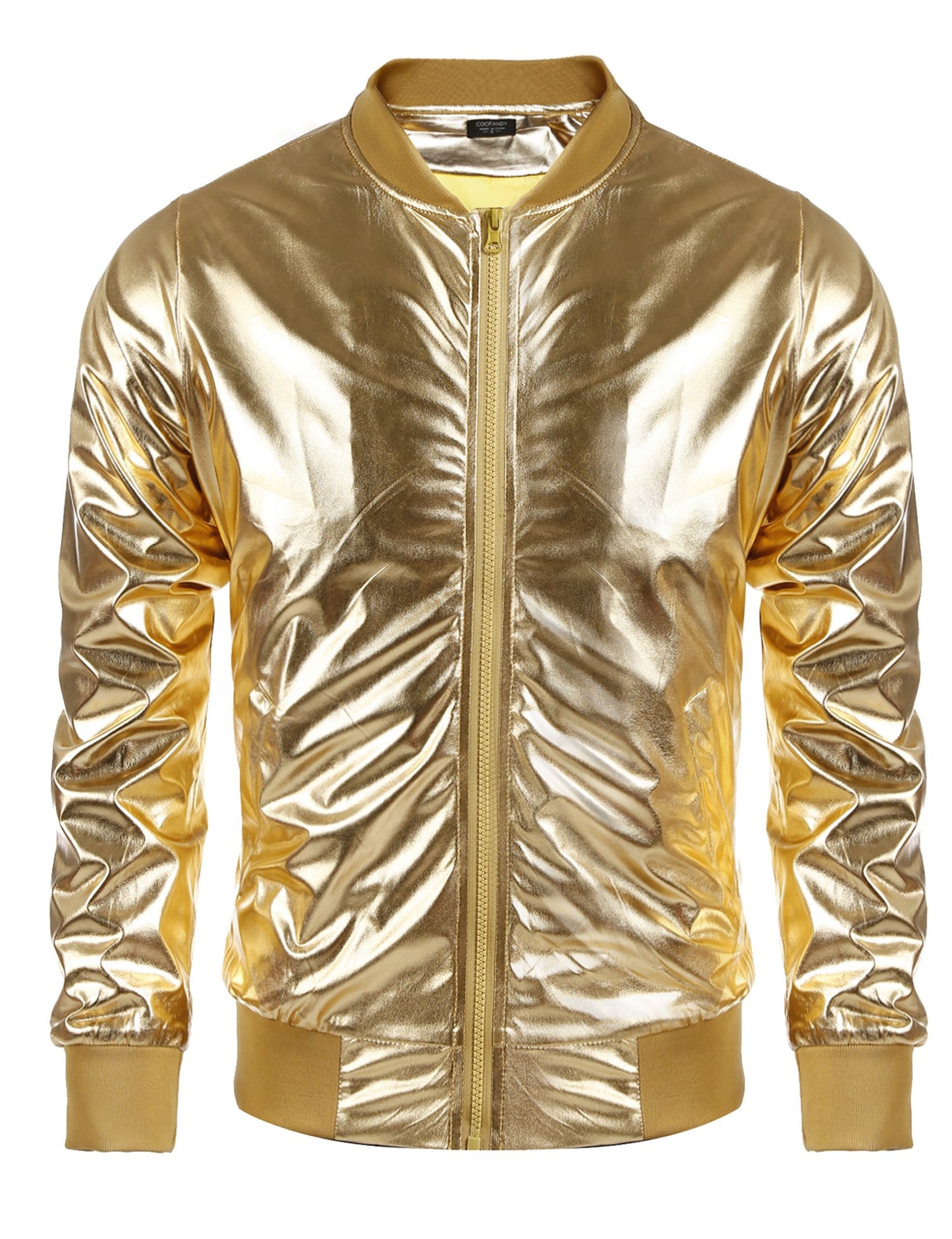Coofandy Men's Metallic Style Baseball Varsity Bomber Jacket For Party,Nightclub,Halloween,Golden,Large